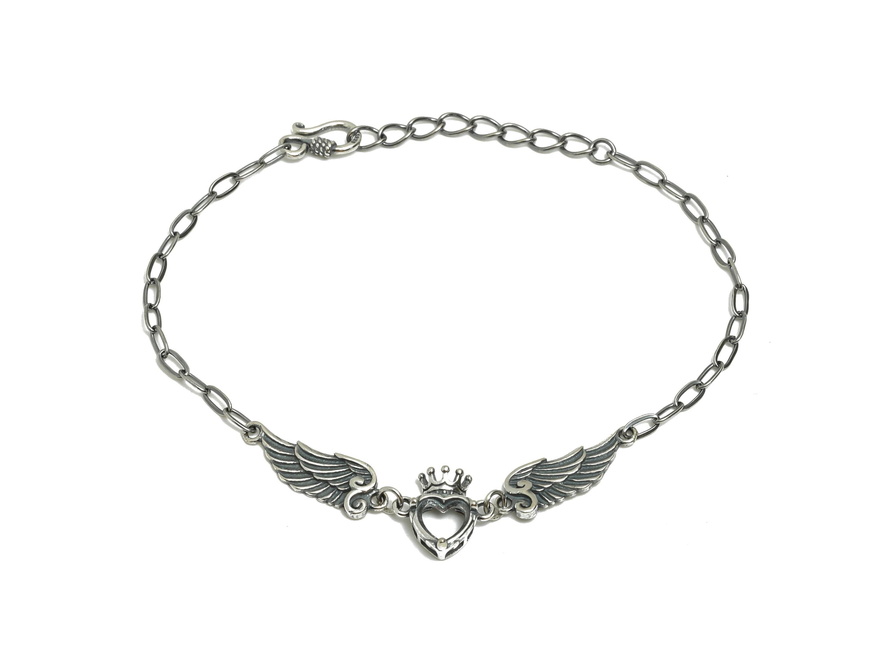 6mm Angel Wing Heart Bracelet Setting - 20+4cm Adjustable Heart Crowned Chain Bracelet - 925 Sterling Silver Rhodium Plating Bracelet-SI1028 - DOMEDBAZAAR