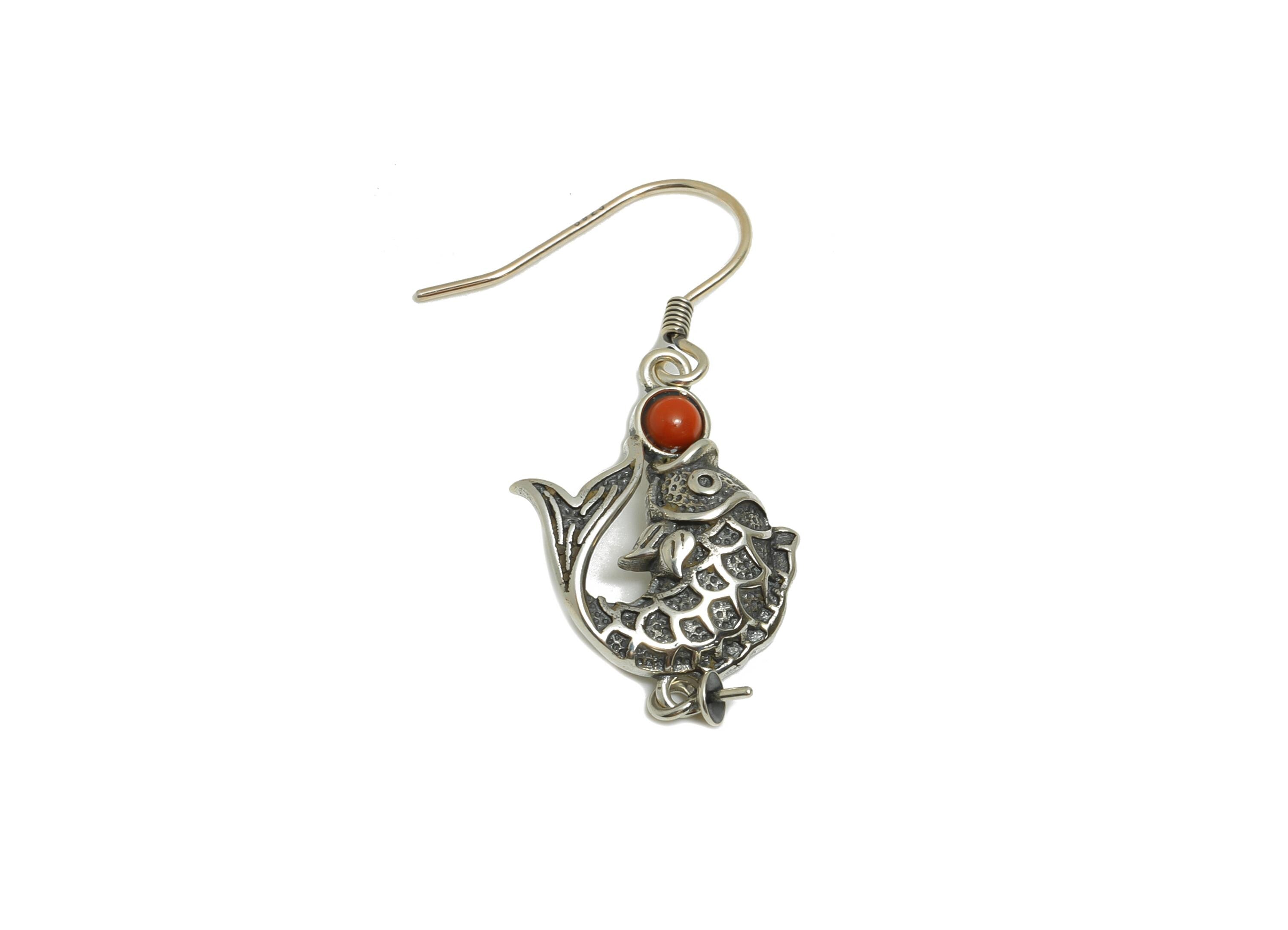Fish Drop Earring Hook - Red Stone Dangle Earrings - 925 Sterling Silver Earring Hook For Pearl Setting - Artisan Tassel Earrings - SI1099 - DOMEDBAZAAR