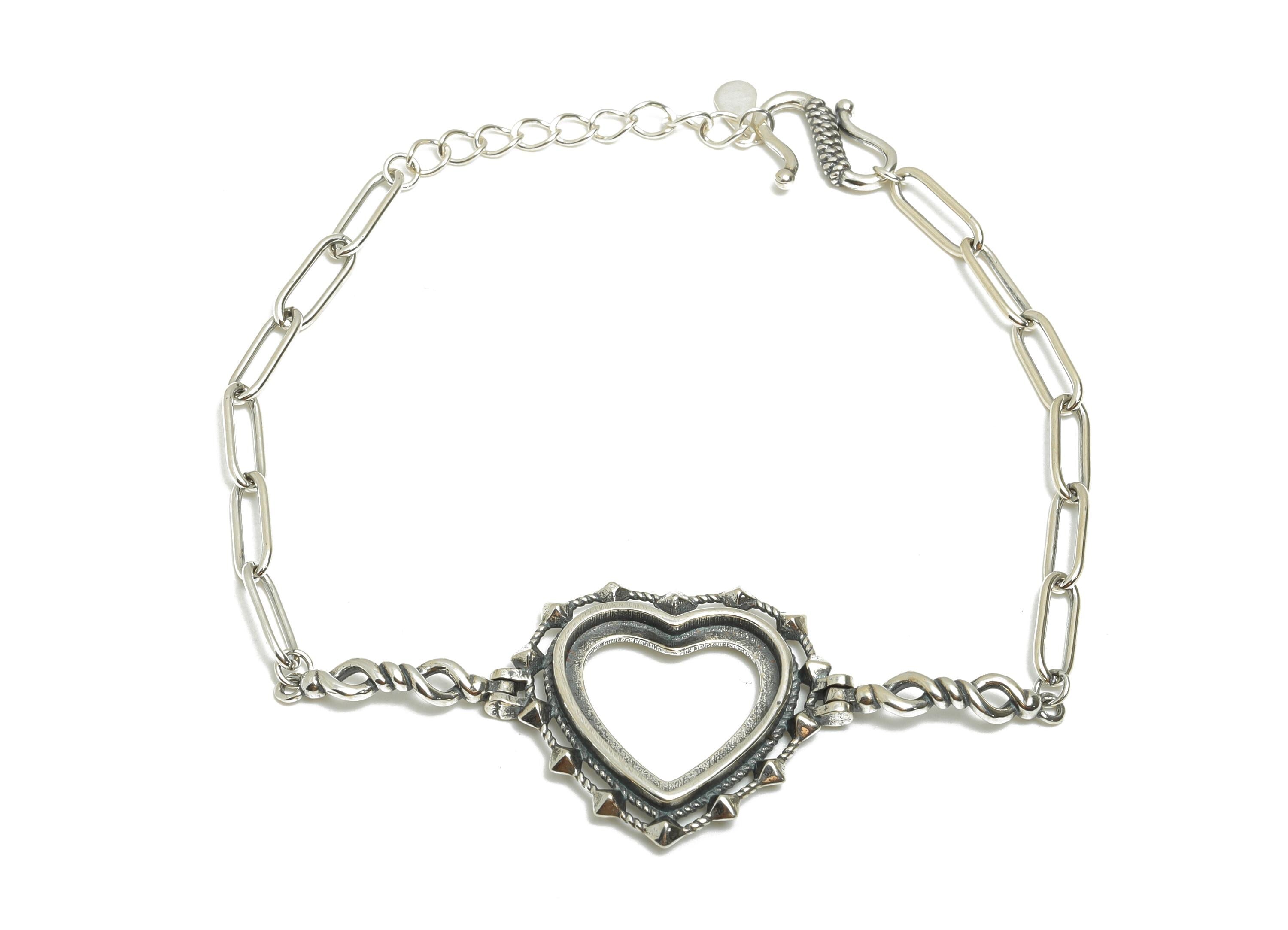 16mm Heart Cabochon Link Bracelet - 20+4cm Adjustable Chain Bracelet Setting - Vintage 925 Sterling Silver Rhodium Plating Bracelet - SI1038 - DOMEDBAZAAR