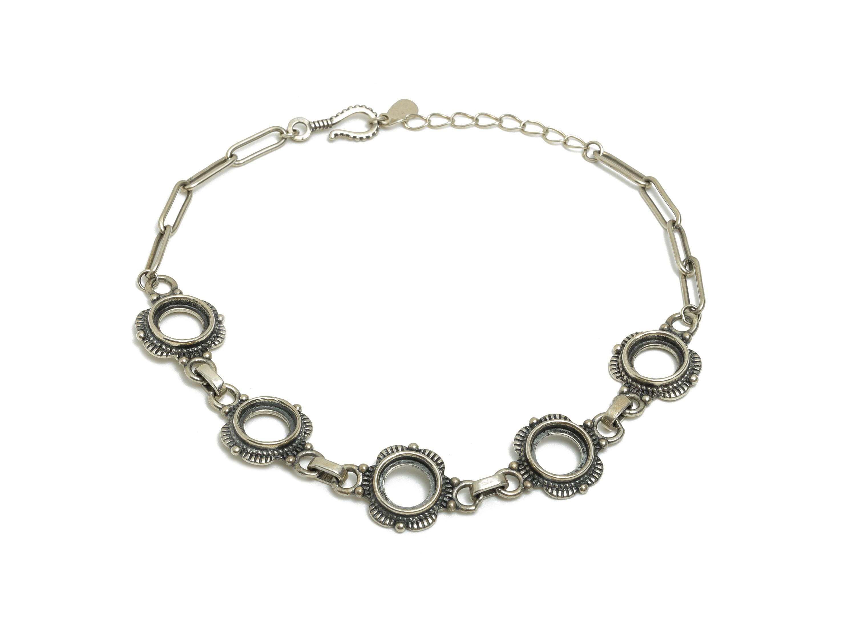 7mm Round Flower Bracelet Setting - 20+4cm Adjustable Boho Multi-Link Chain Bracelet - 925 Sterling Silver Rhodium Plating Bracelet - SI1026 - DOMEDBAZAAR