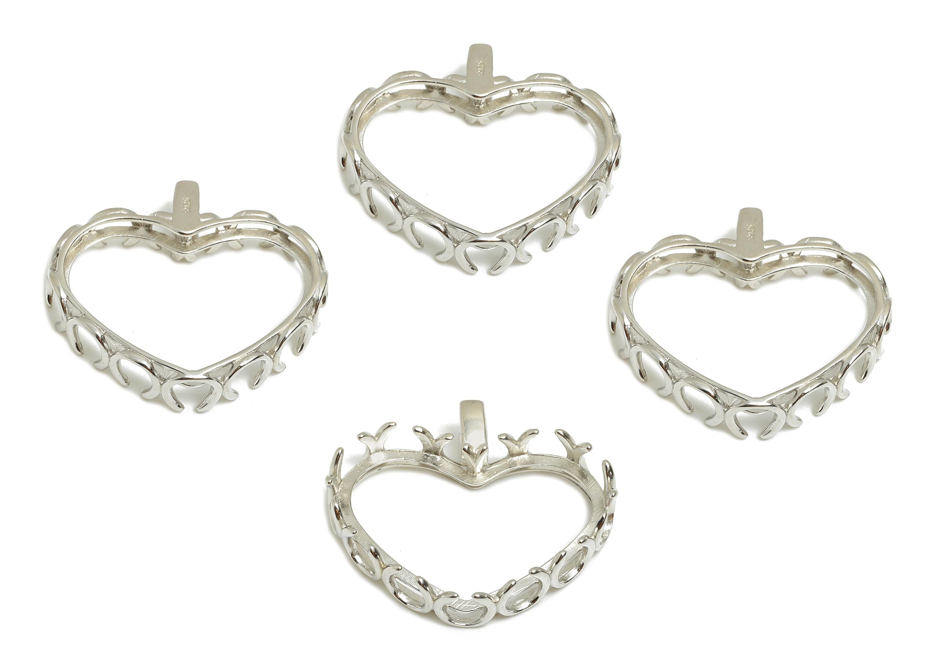Silver Heart Pendant Setting - 23mm Cabochon Pendant Base - 925 Sterling Silver - Prong Heat Pendant - DIY Customizable Prong Pendant-SI1094 - DOMEDBAZAAR