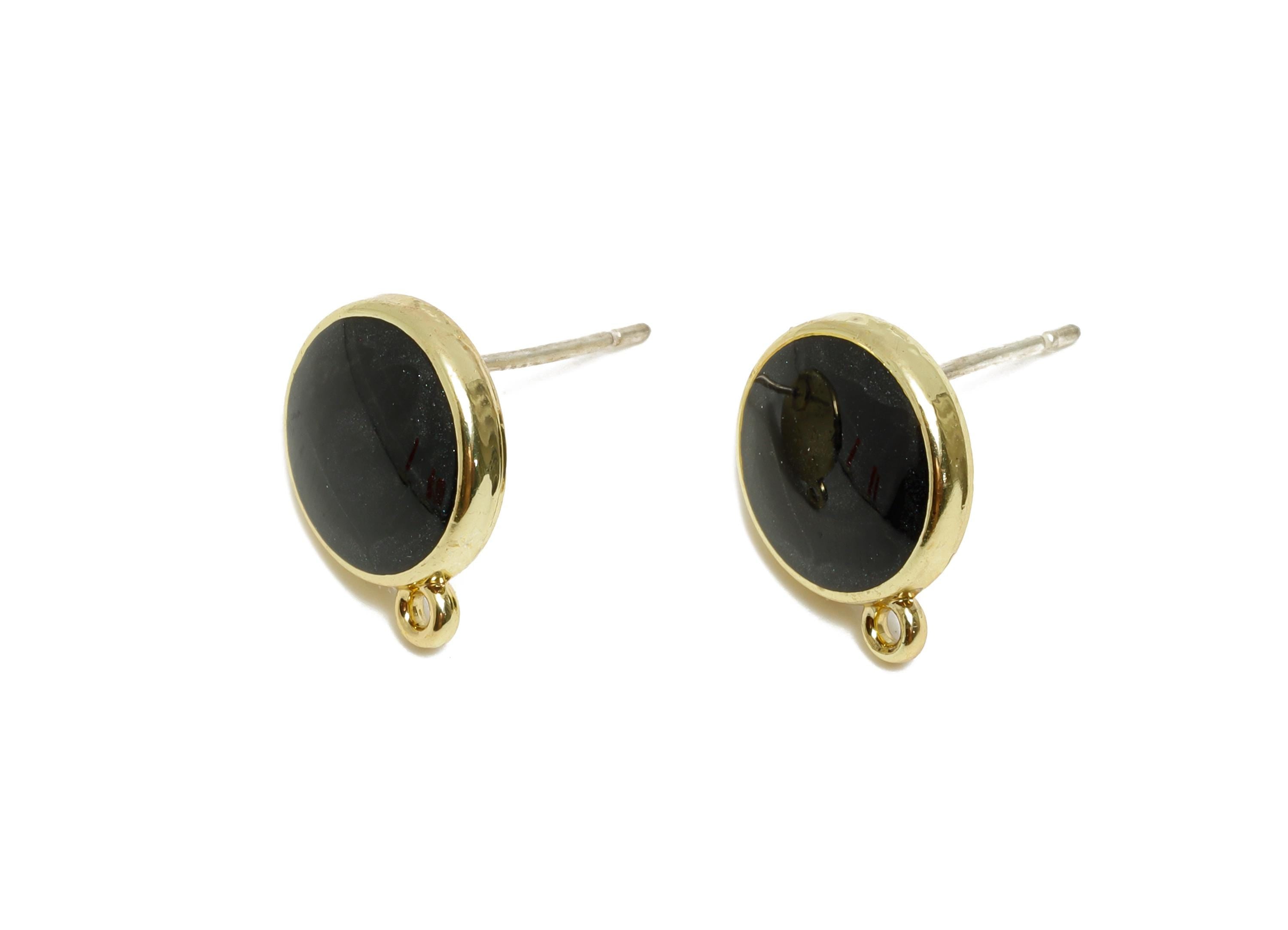 Alloy Enamel Earring Studs - Modern Black Round Psot with Loop - Minimalist Stud Earring Base - KC Gold Tone Plated - 12.5x10x3mm - AC3556