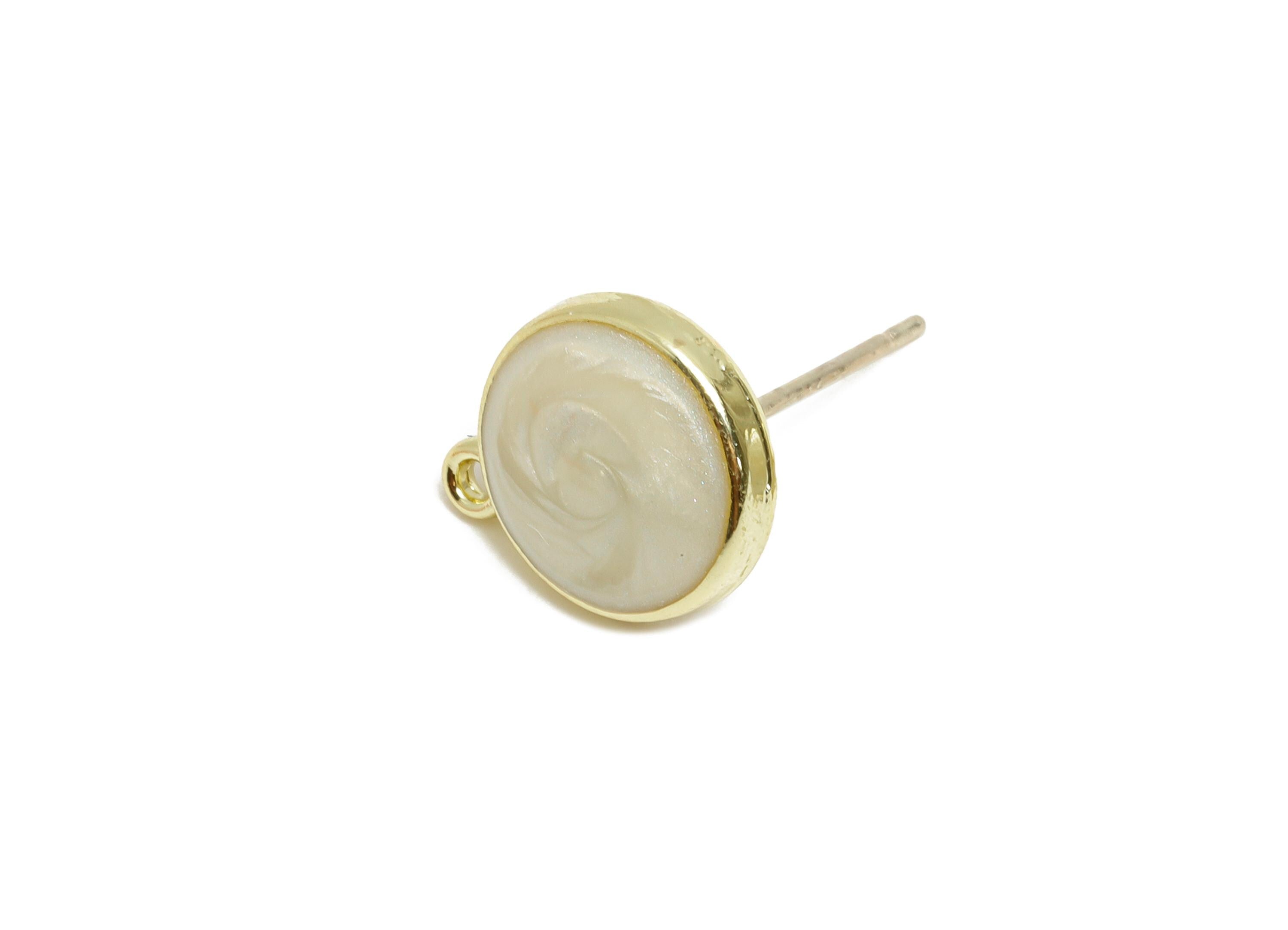 Alloy Enamel Earring Studs - Elegant White Round Earring Connector - DIY Jewelry Earring Base - KC Gold Tone Plated - 12.5x10x3mm - AC3557