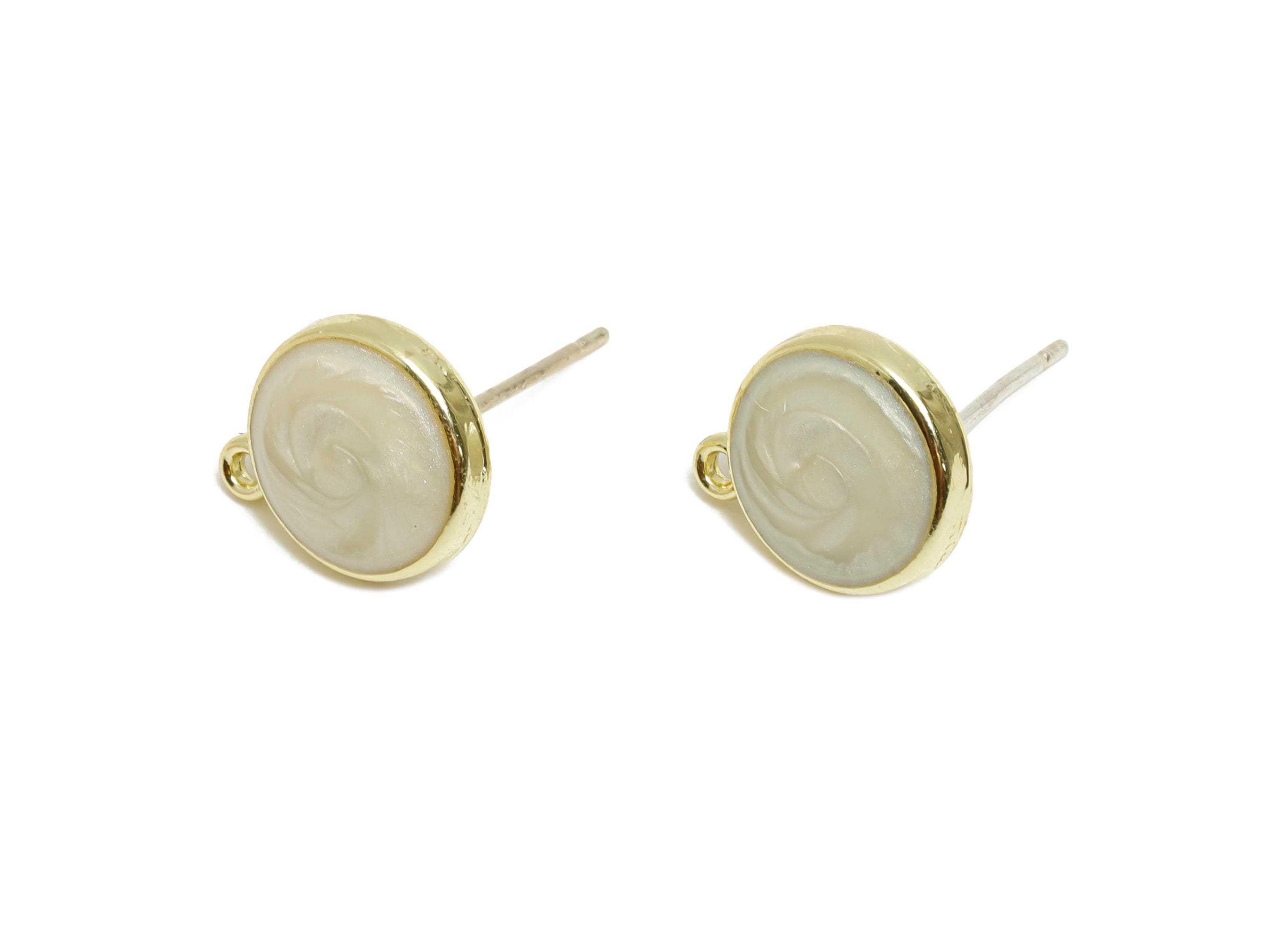 Alloy Enamel Earring Studs - Elegant White Round Earring Connector - DIY Jewelry Earring Base - KC Gold Tone Plated - 12.5x10x3mm - AC3557