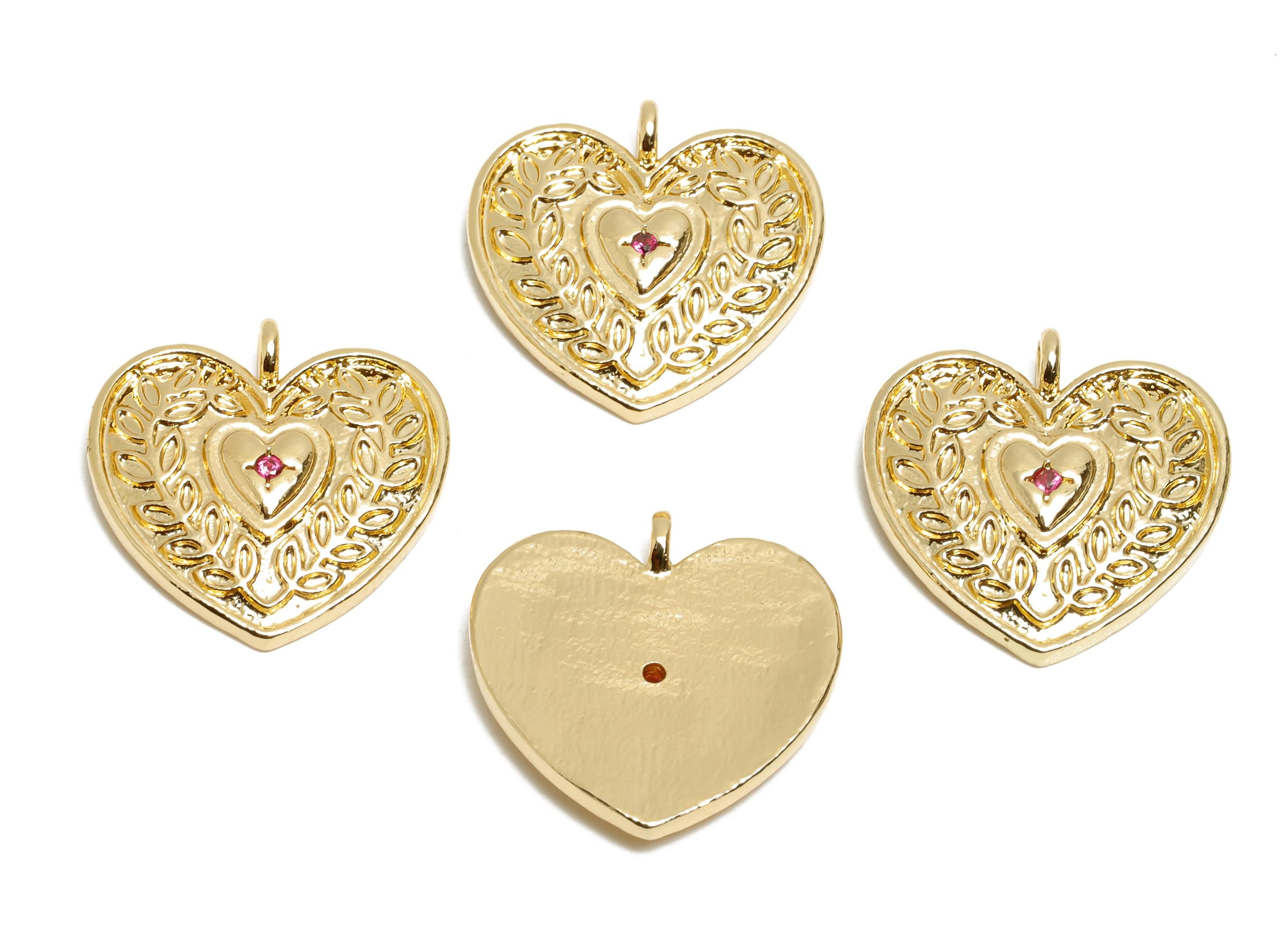 Brass CZ Vintage Heart Pendant - Zircon Floral Pattern Jewelry Charm - Valentine&#39;s Day Jewelry - KC Gold Tone Plating - 17.9x17x2mm - AC3434 - DOMEDBAZAAR