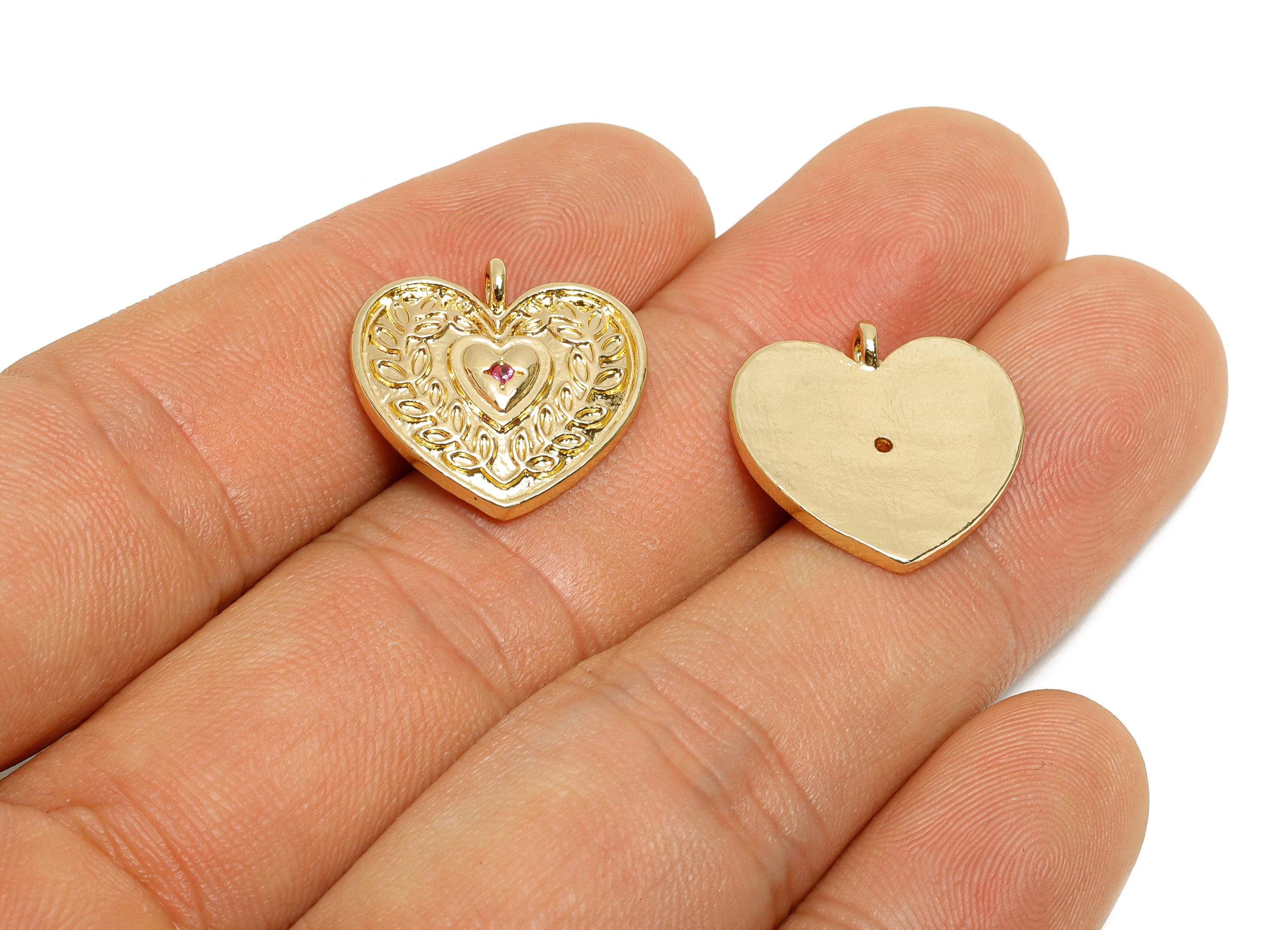 Brass CZ Vintage Heart Pendant - Zircon Floral Pattern Jewelry Charm - Valentine&#39;s Day Jewelry - KC Gold Tone Plating - 17.9x17x2mm - AC3434 - DOMEDBAZAAR