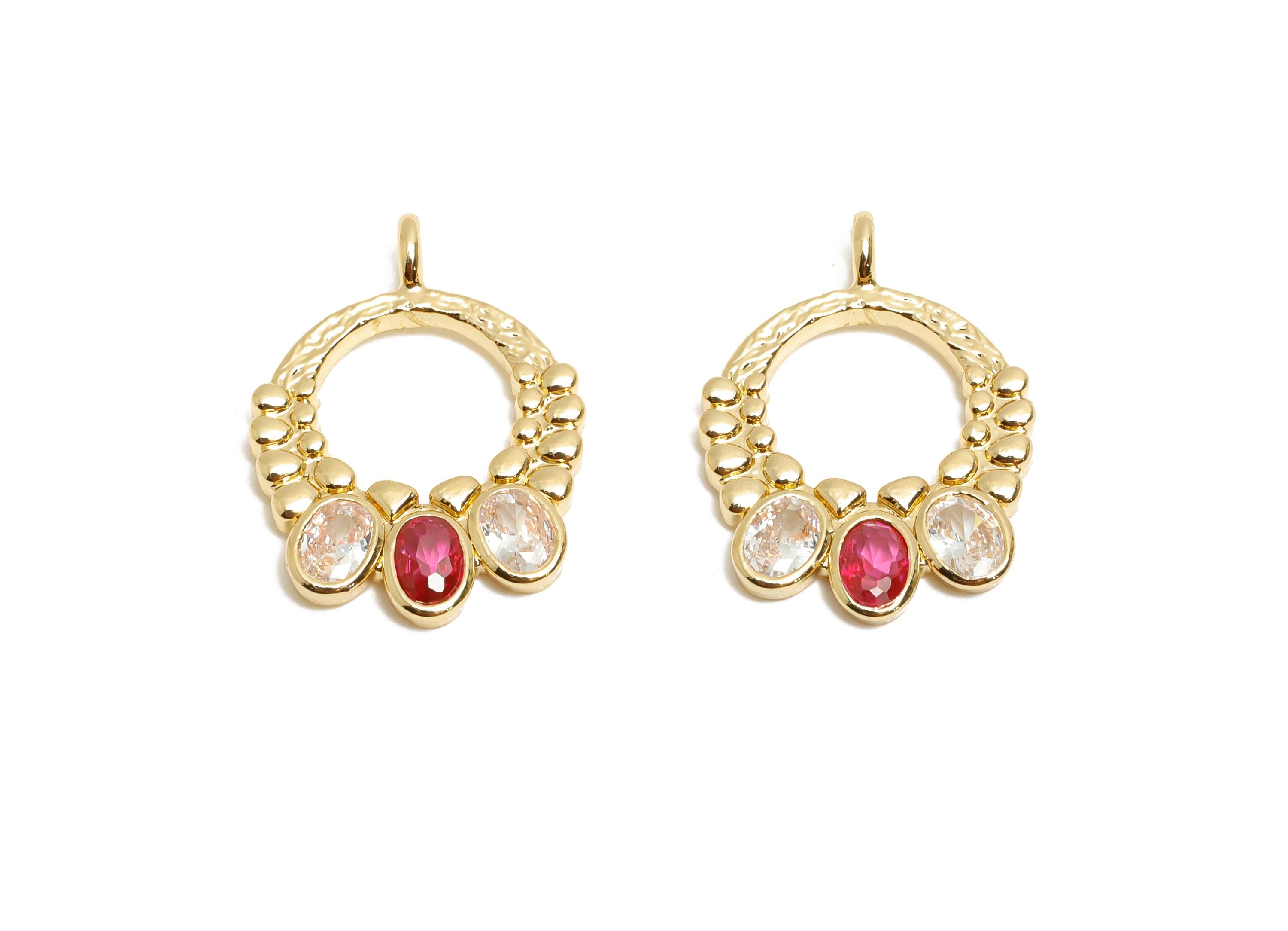 Brass CZ Circle Pendant - Zircon Geometry Jewelry Charm - Sparkling Gemstone Craft Supply Charm - KC Gold Tone Plating - 19x14x3mm - AC3432 - DOMEDBAZAAR