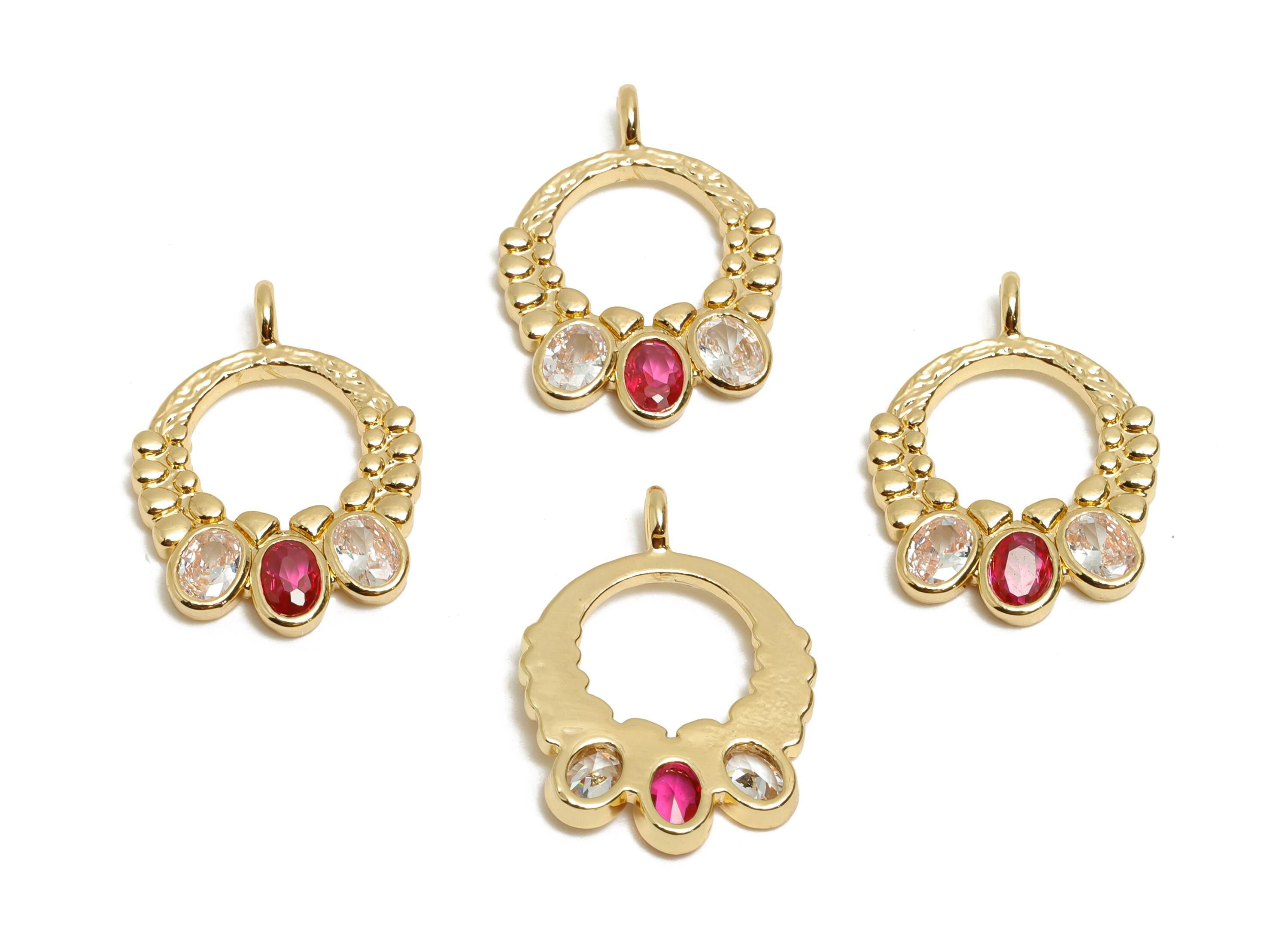 Brass CZ Circle Pendant - Zircon Geometry Jewelry Charm - Sparkling Gemstone Craft Supply Charm - KC Gold Tone Plating - 19x14x3mm - AC3432 - DOMEDBAZAAR