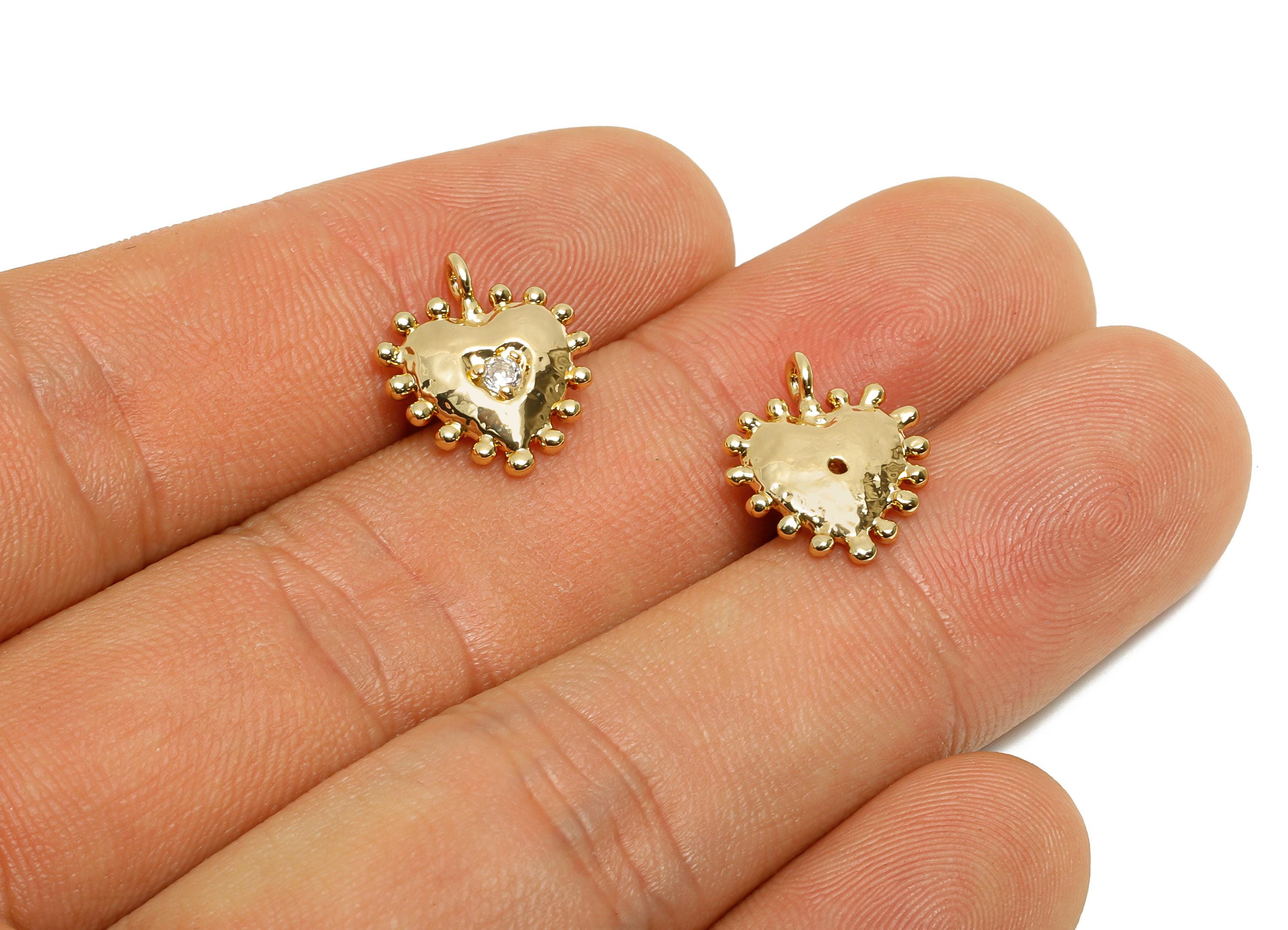 Brass CZ Vintage Heart Pendant - Zircon Beaded Romantic Pendant - Valentine&#39;s Day Jewelry - KC Gold Tone Plating - 14x12.45x2.9mm - AC3440 - DOMEDBAZAAR