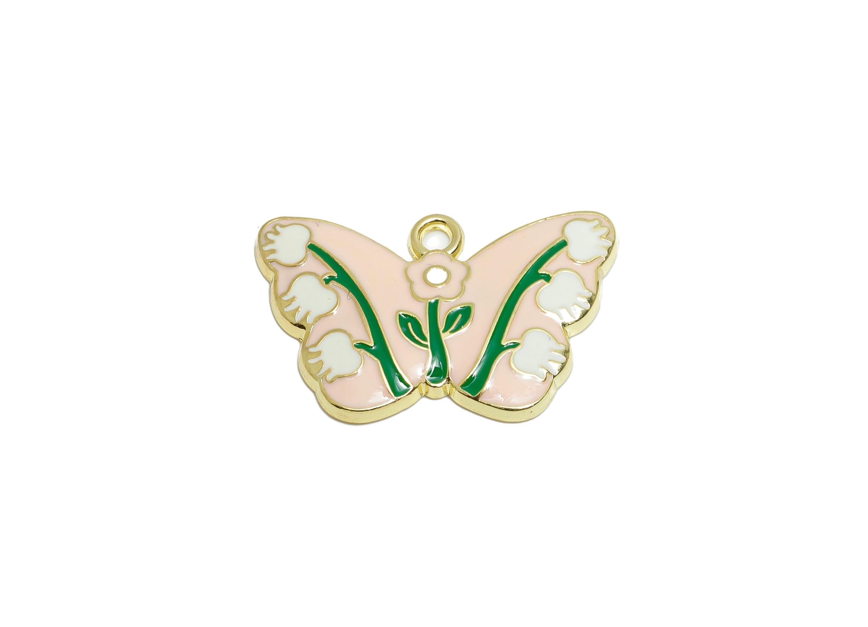 Alloy Enamel Butterfly Pendant - Colorful Insect Flower Necklace Pendant - Fun Pink Winged Jewelry - KC Gold Plated - 27.7x18x2.5mm - AC3449
