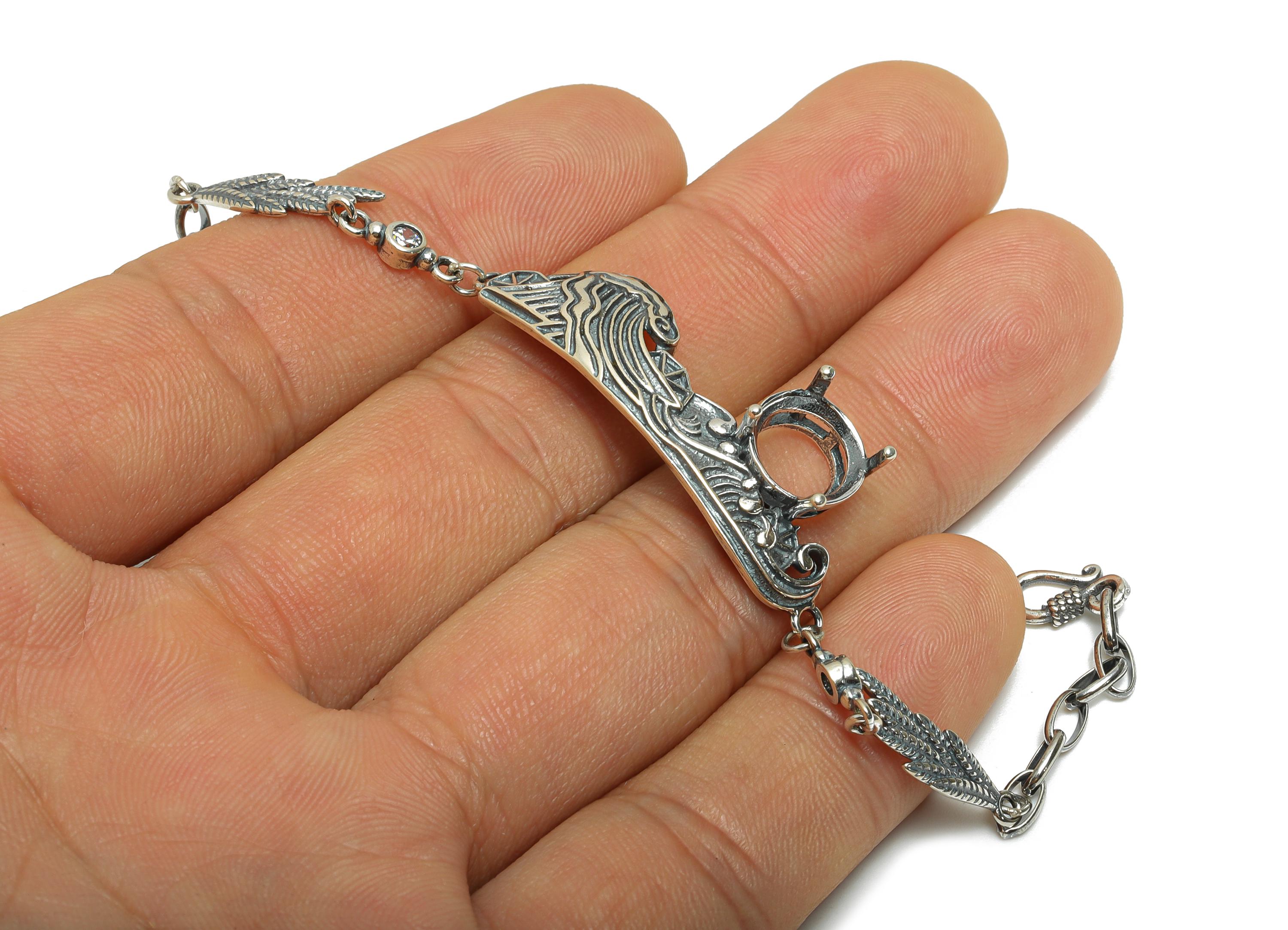 20+4cm Waves Landscape Bracelet Setting - 10mm Heart Cabochon Link Bracelet - Adjustable 925 Sterling Silver Rhodium Plated Bracelet -SI1035 - DOMEDBAZAAR