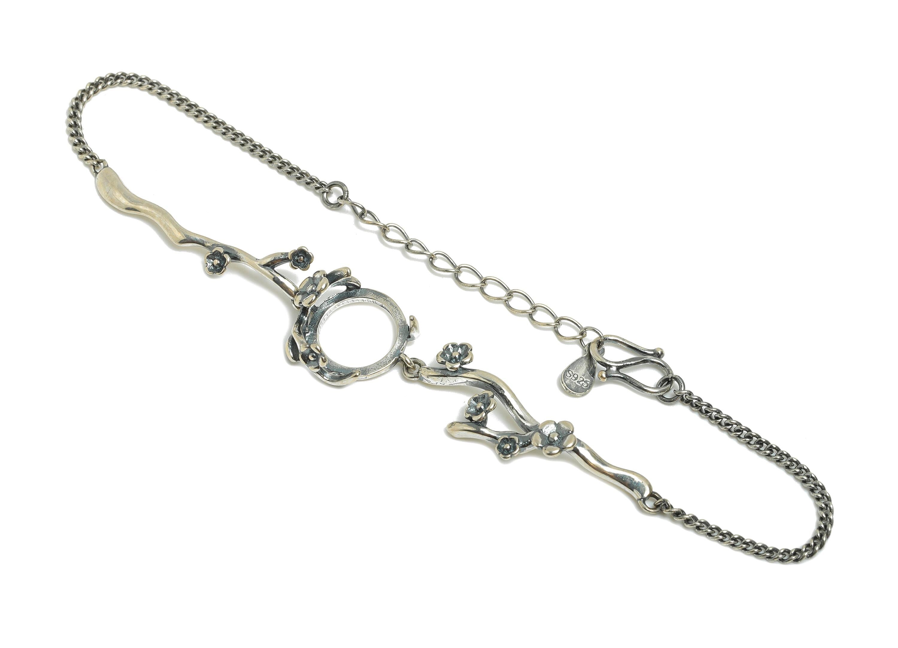 10mm Flower Branch Cabochon Bracelet Base - Blossom Branch Gem Setting - 925 Sterling Silver - Dainty Rhodium Plating Bracelet - SI1077 - DOMEDBAZAAR