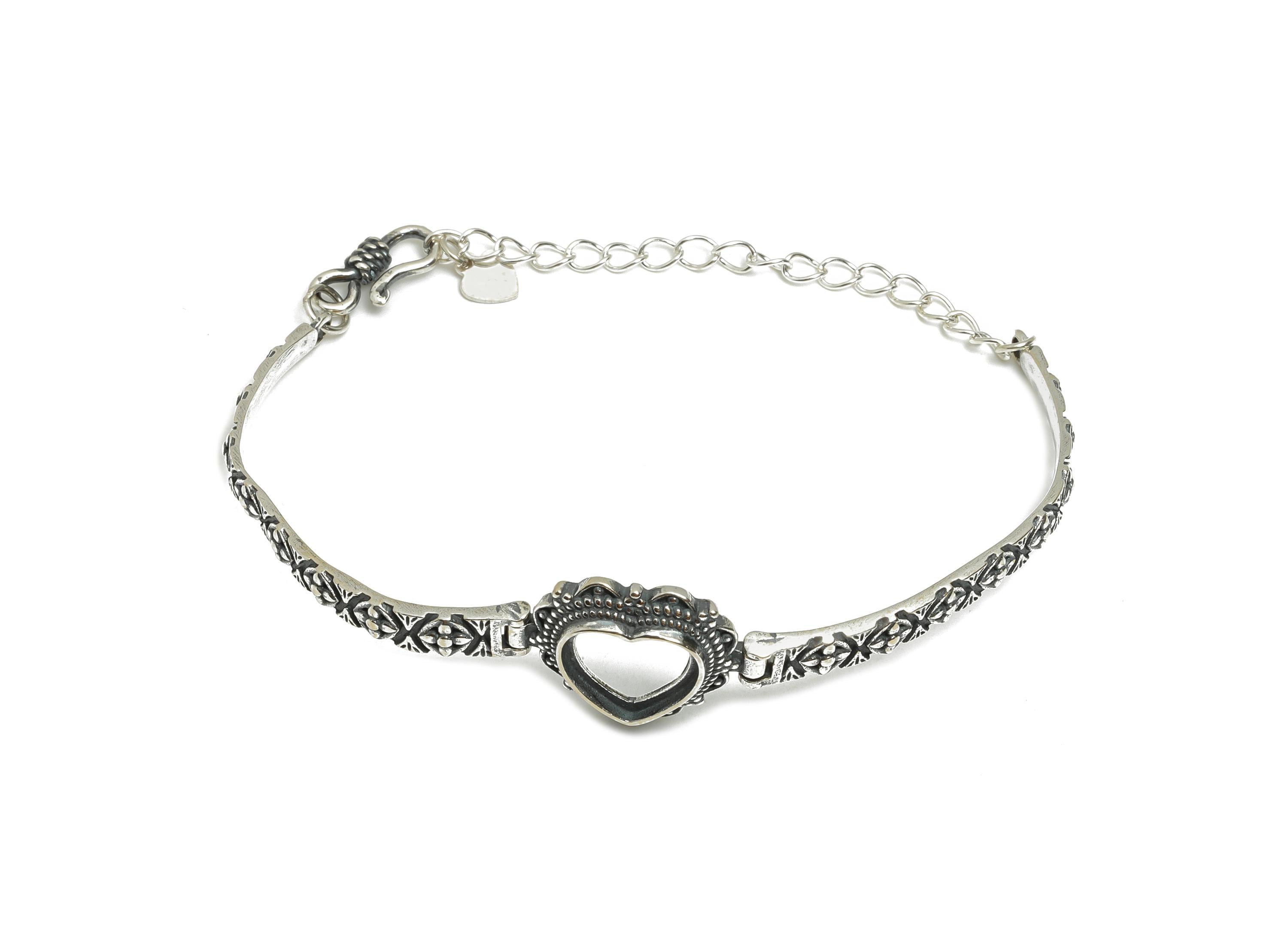 11mm Heart Cabochon Link Bracelet - 10+4cm Adjustable Chain Bracelet Setting - Vintage 925 Sterling Silver Rhodium Plating Bracelet - SI1040 - DOMEDBAZAAR