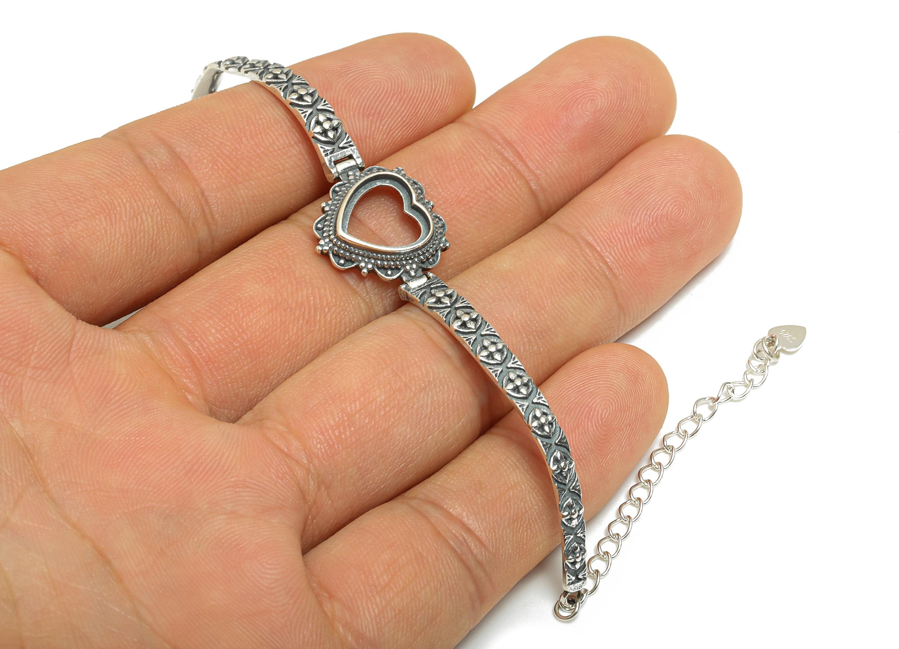11mm Heart Cabochon Link Bracelet - 10+4cm Adjustable Chain Bracelet Setting - Vintage 925 Sterling Silver Rhodium Plating Bracelet - SI1040 - DOMEDBAZAAR