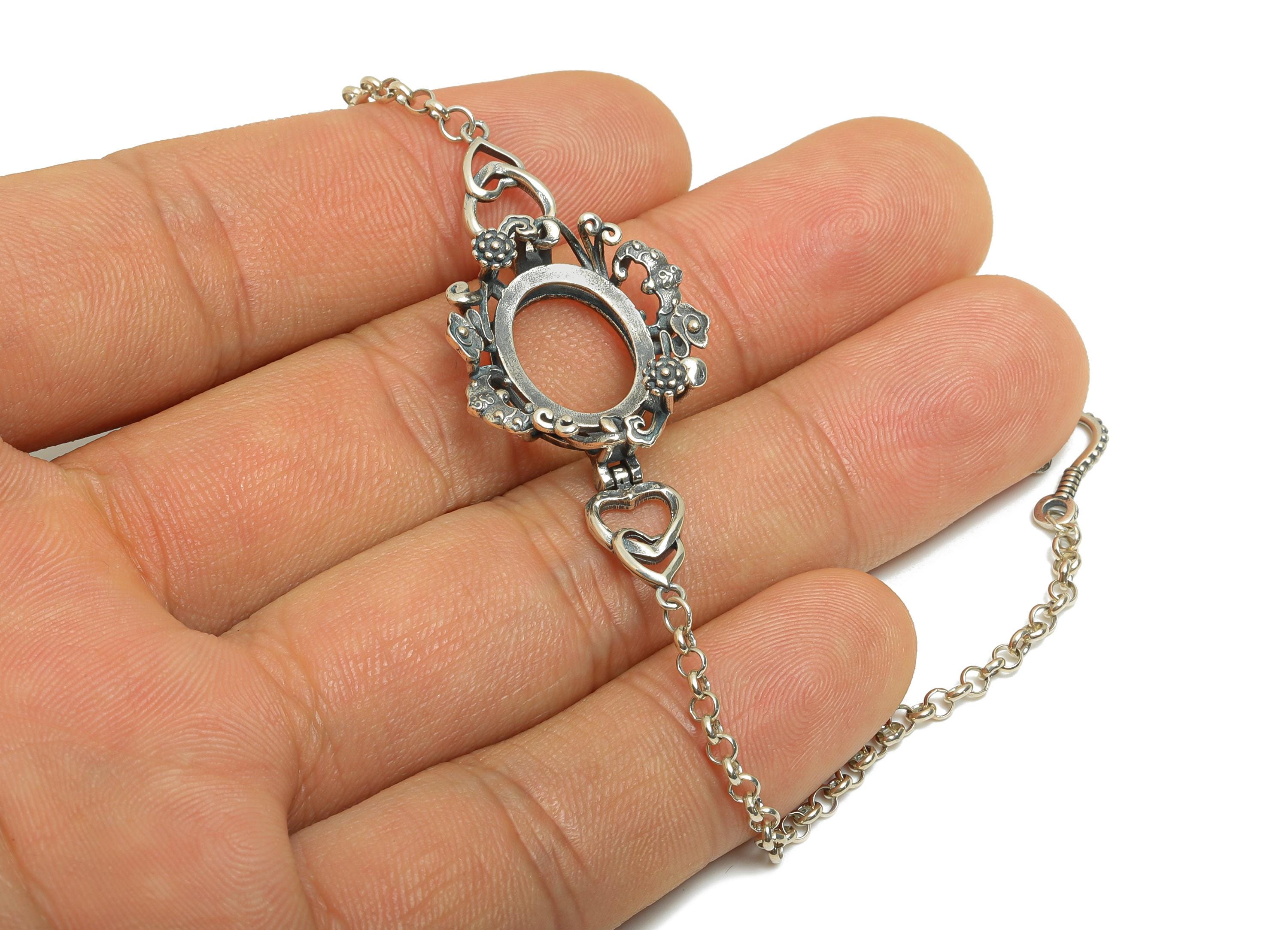 20+4cm Floral Heart Bracelet Setting - 12*14mm Oval Cabochon Link Bracelet - Adjustable 925 Sterling Silver Rhodium Plated Bracelet - SI1036 - DOMEDBAZAAR