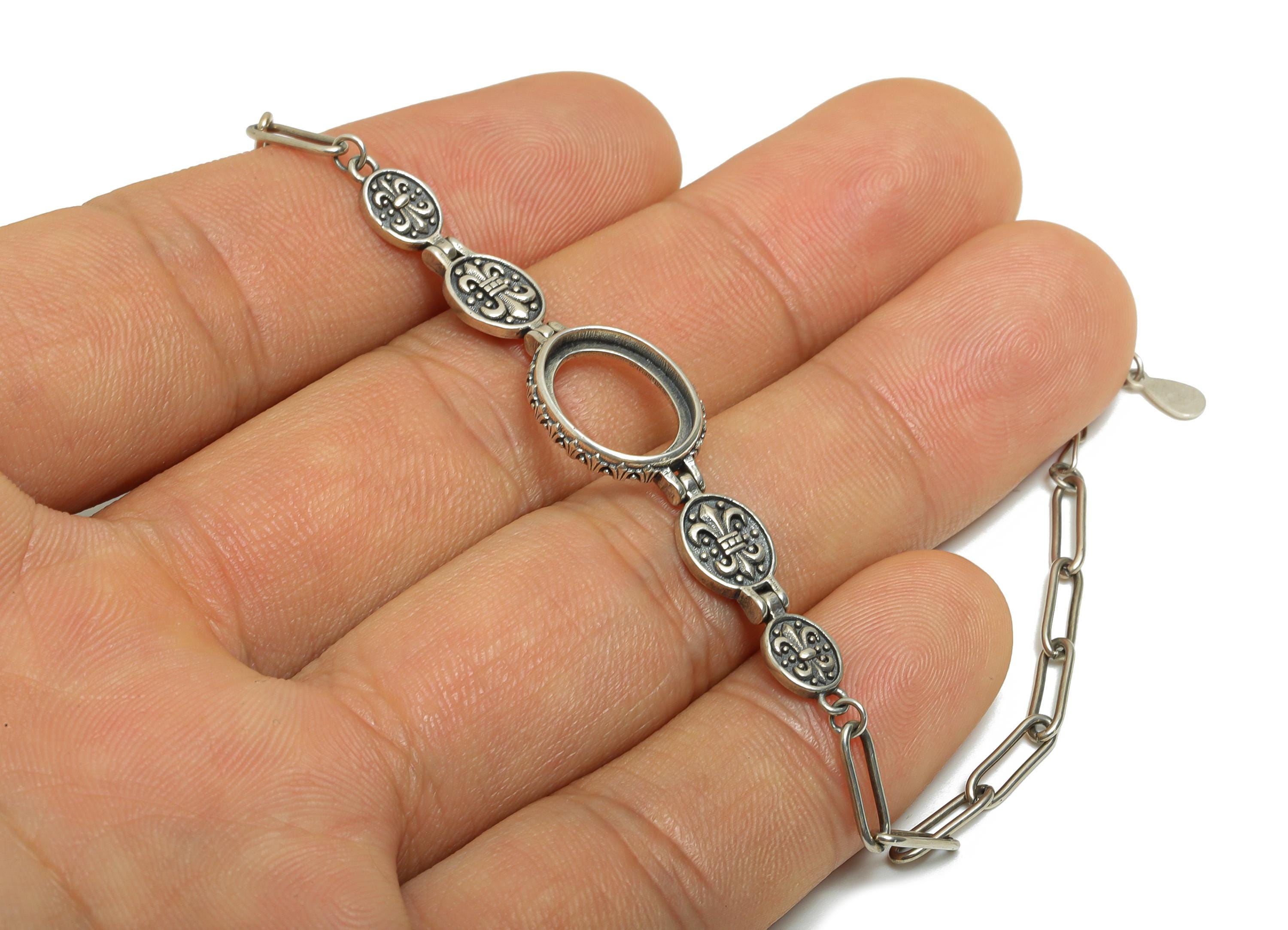 20+4cm Oval Artisan Bracelet Setting - 10*12mm Oval Cabochon Bracelet - 925 Sterling Silver - Adjustable Rhodium Plated Bracelet - SI1029 - DOMEDBAZAAR