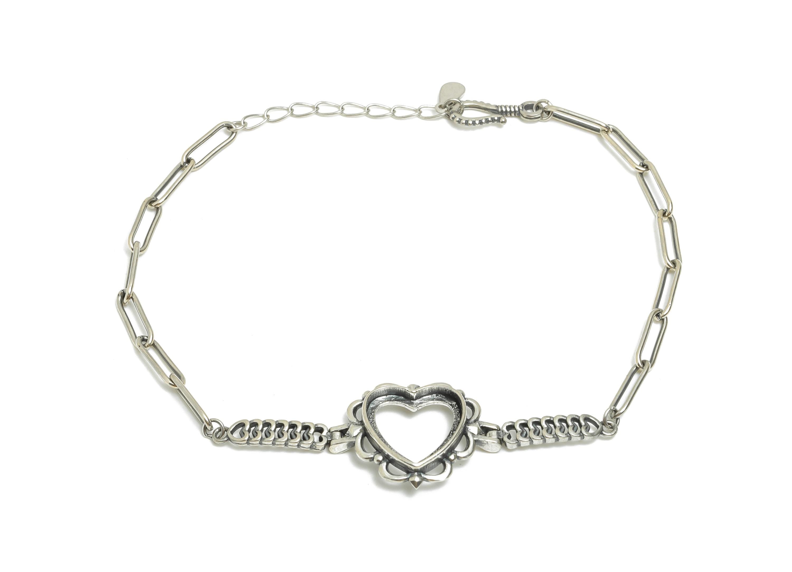 20+4mm Adjustable Heart Bezel Bracelet Setting - 12mm Heart Cabochon Link Bracelet - 925 Sterling Silver - Rhodium Plating Bracelet - SI1034 - DOMEDBAZAAR