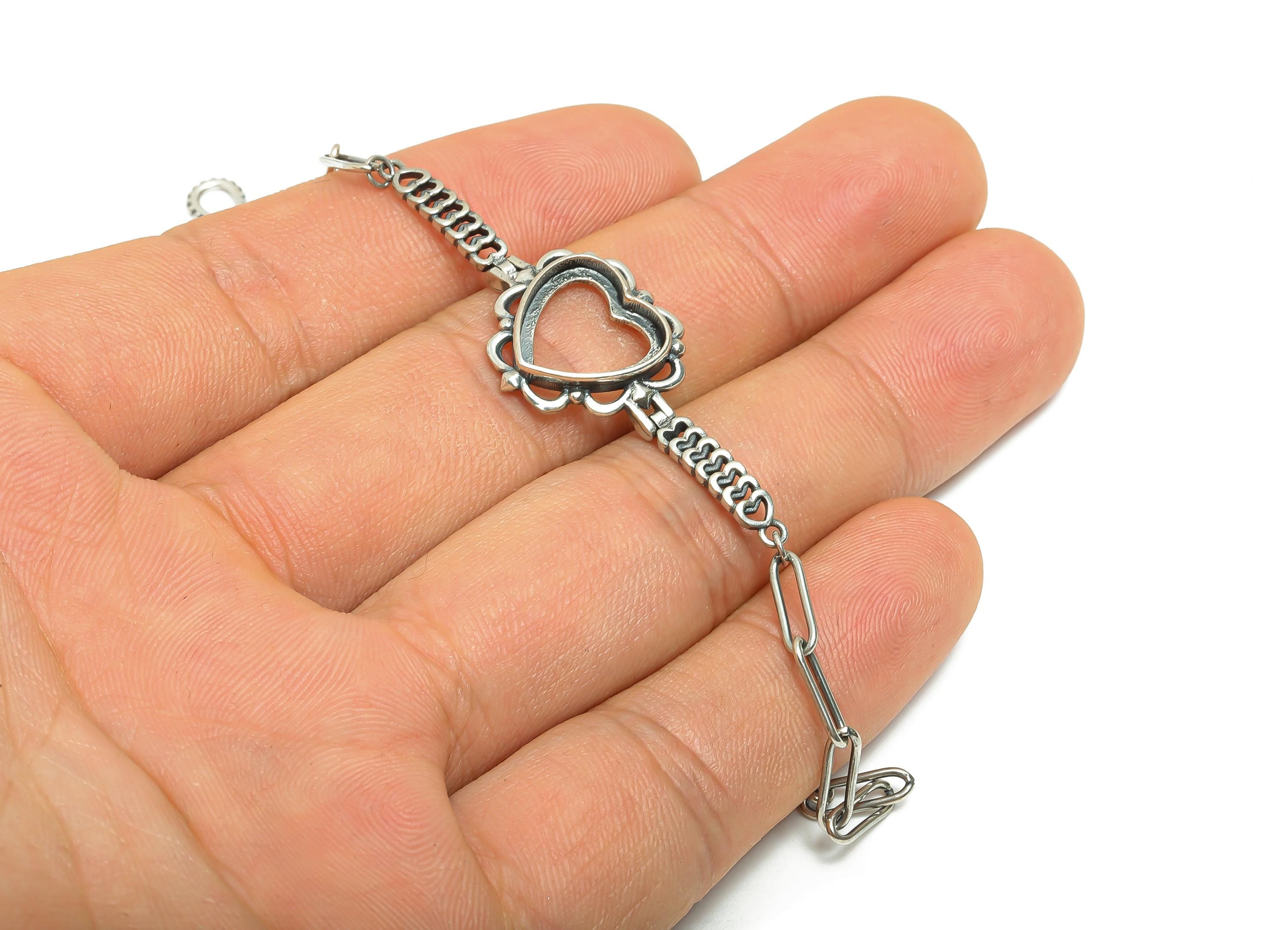 20+4mm Adjustable Heart Bezel Bracelet Setting - 12mm Heart Cabochon Link Bracelet - 925 Sterling Silver - Rhodium Plating Bracelet - SI1034 - DOMEDBAZAAR