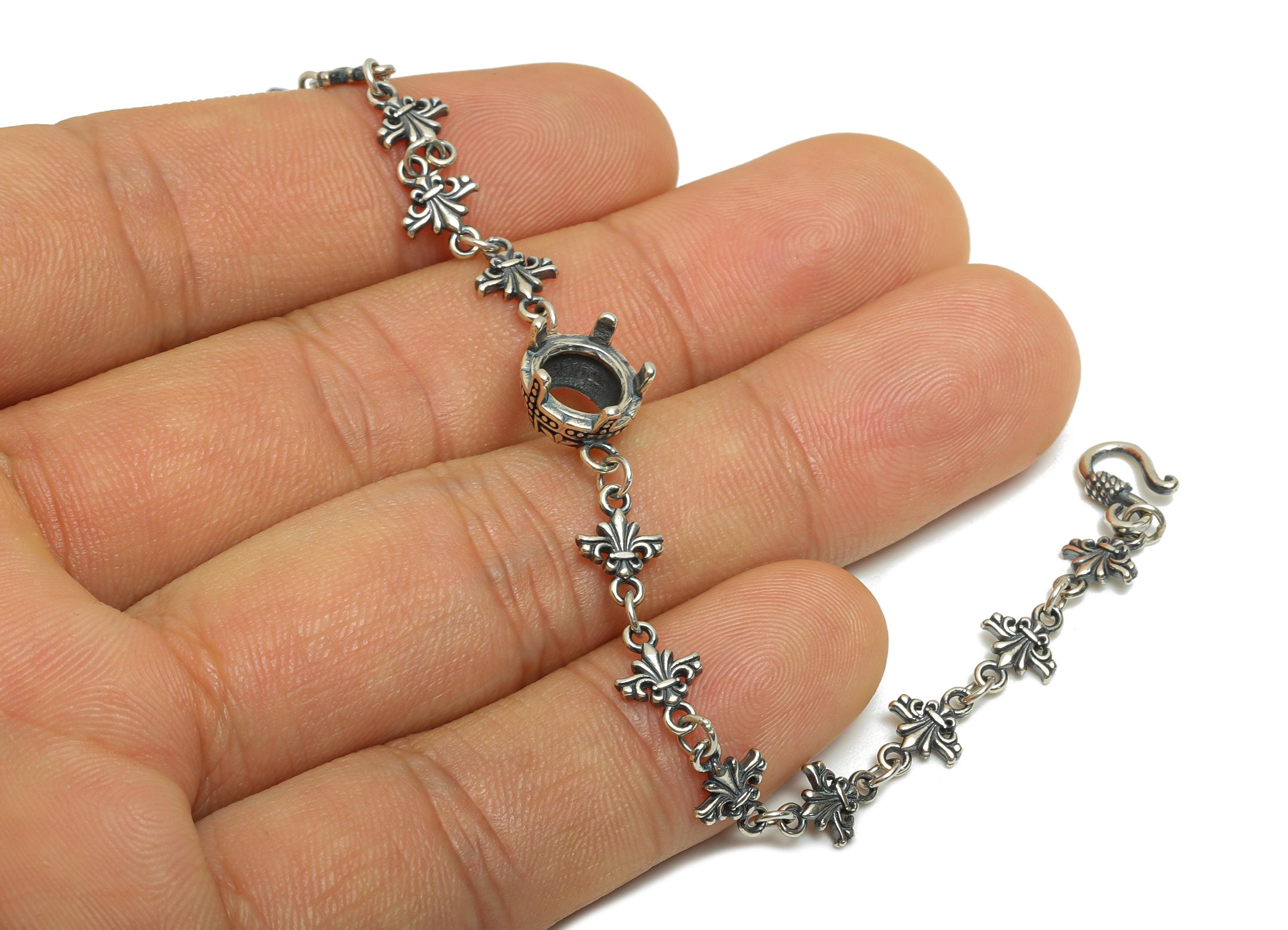 20+4cm Flower Artisan Bracelet Setting - 9mm Round Cabochon Bracelet - 925 Sterling Silver - Adjustable Rhodium Plated Bracelet - SI1039 - DOMEDBAZAAR