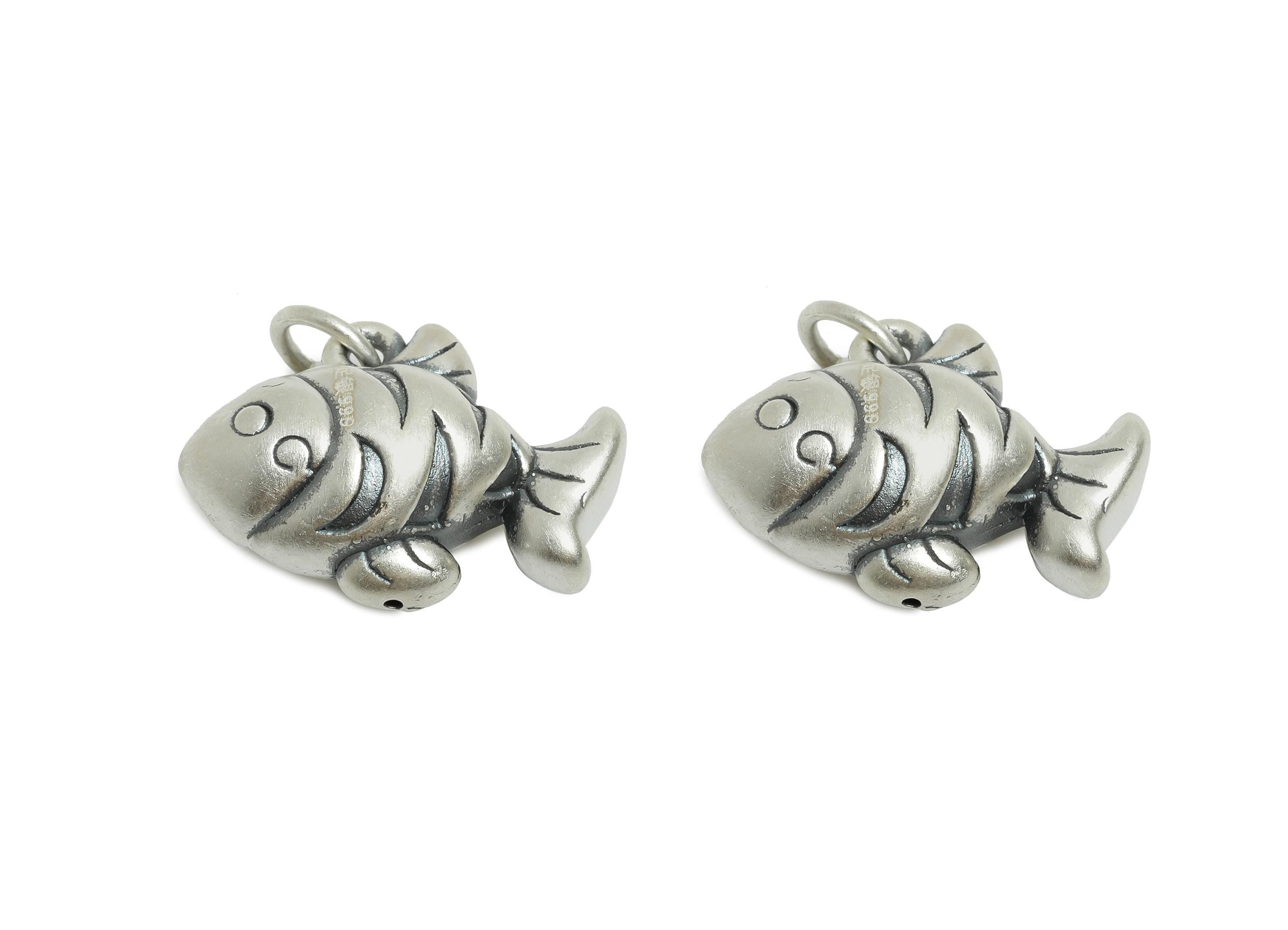 Cute Fish Handwoven Bracelet Jewelry - Marine Life Charm for Bracelets - Braided Bracelet Charm - Pure Silver 999 - 19.94x14x8.53mm - SI1150 - DOMEDBAZAAR