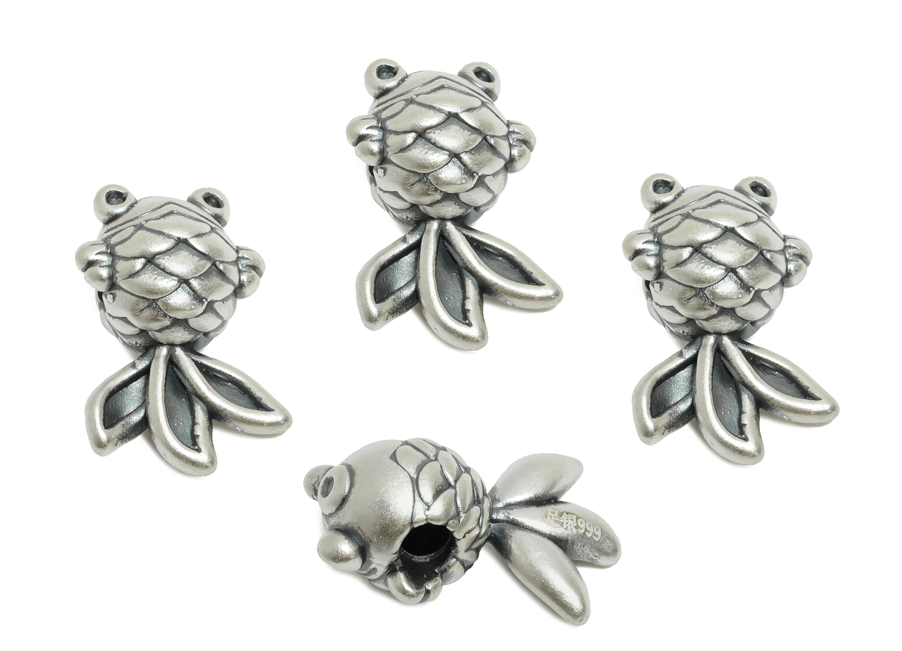 Silver Fish Bead - Animal Spacer Bead for Bracelets - 3D Fish Jewelry Bead - Bracelet Bead Spacer - Pure Silver 999 - 17x11x8.58mm - SI1145 - DOMEDBAZAAR