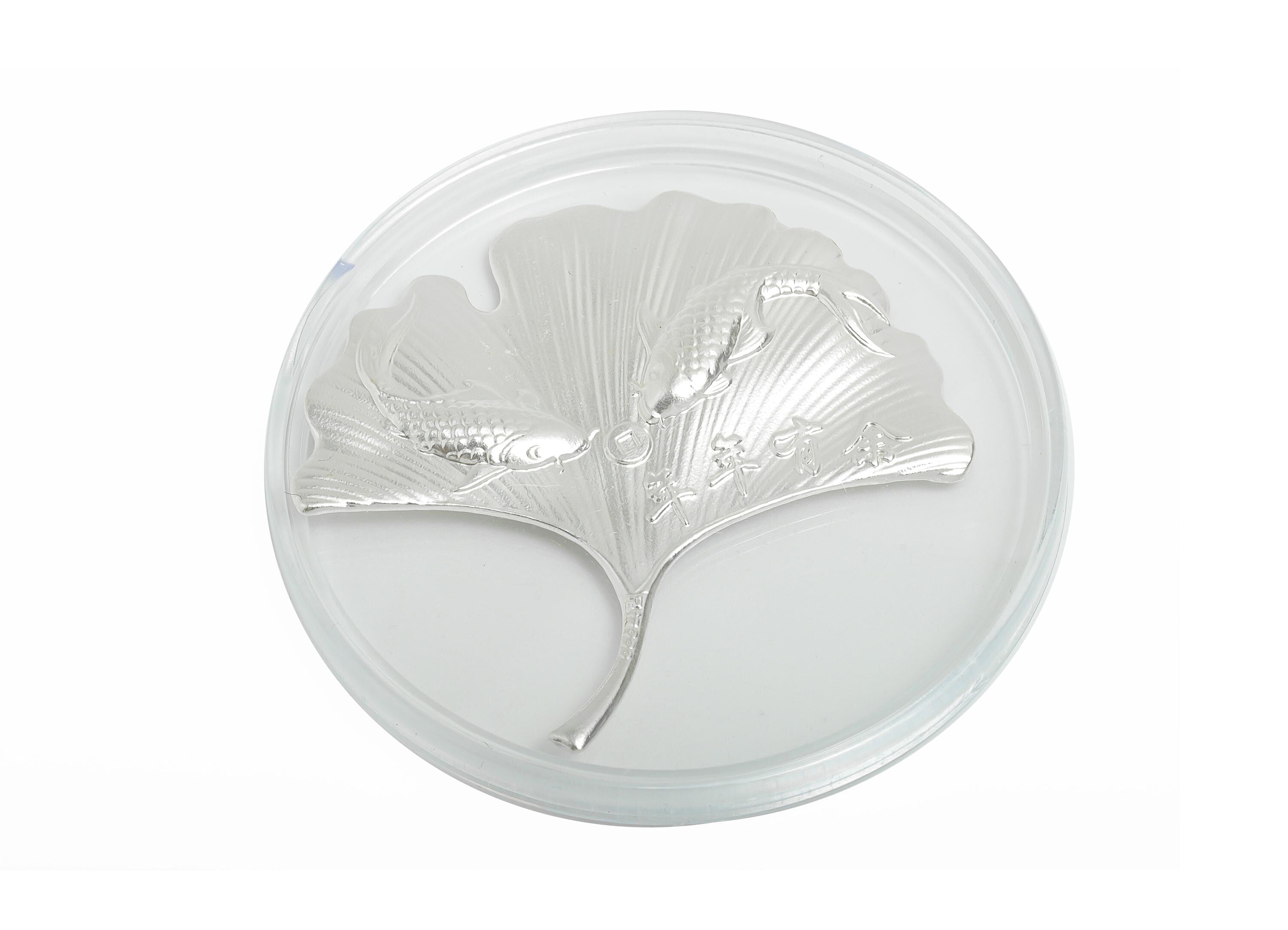 Silver Goldfish Ginkgo Relief - Pure Silver 999 - Silver Commemorative Coin - Art Lucky Fish Filigree Jewelry - 45.6x47x1.6mm - SI1116 - DOMEDBAZAAR