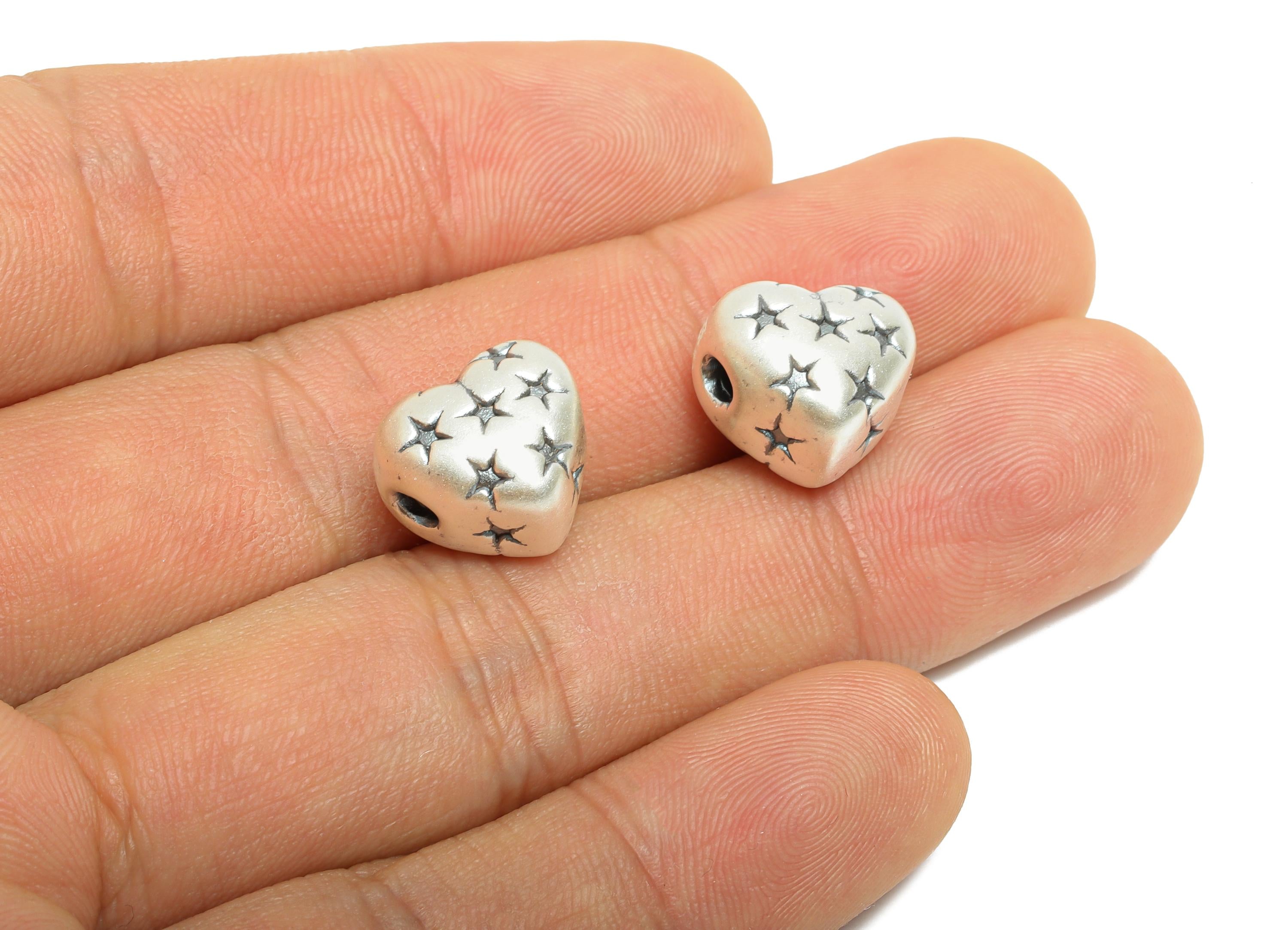 Silver Star Heart Bead - Dainty Heart Spacer for Craft Bracelets - Jewelry Making Supplies - Spacer Bead - Pure Silver 999 -13x12x9mm-SI1152 - DOMEDBAZAAR