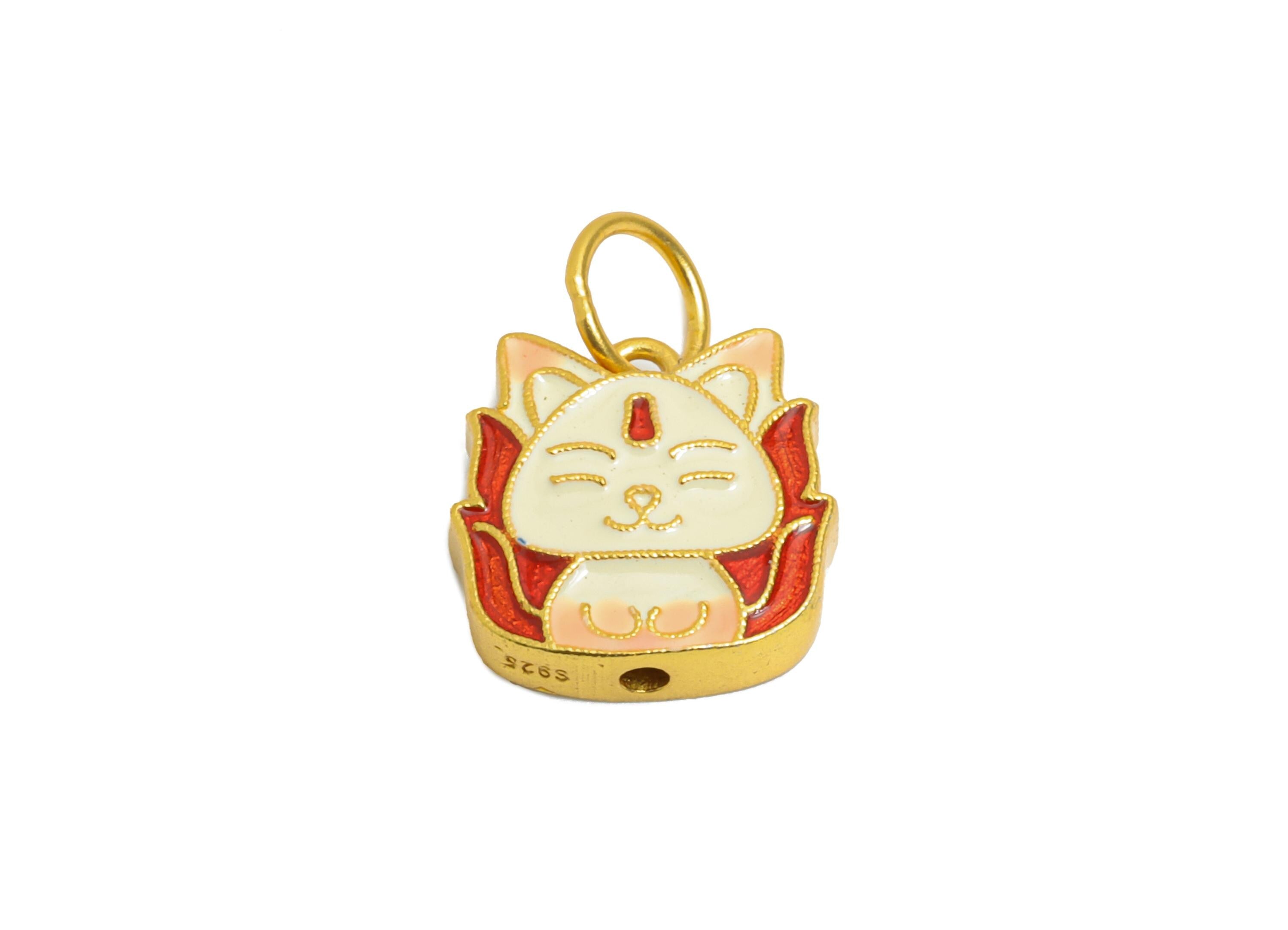 Enamel Lucky Cat Charm - Cute Fortune Cat Spacer for Bracelet - Spacer Bead - 925 Sterling Silver - KC Gold Plated - 11.9x11.6x3mm - SI1125 - DOMEDBAZAAR