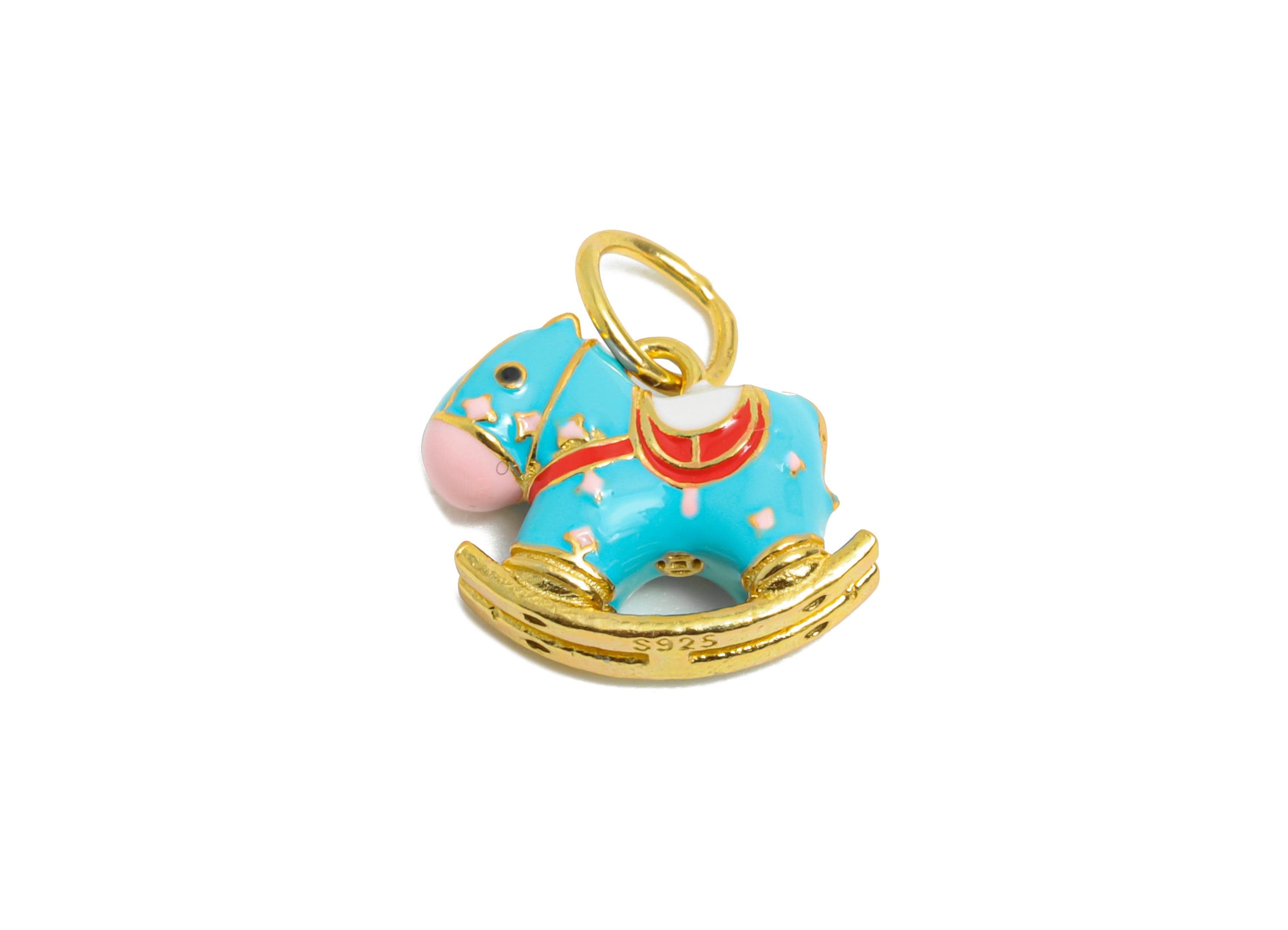 Enamel Rocking Horse Charm - Whimsical Animal Bracelet Charm for Kids - 925 Sterling Silver - KC Gold Tone Plated - 8.6x9.6x3.4mm - SI1128 - DOMEDBAZAAR