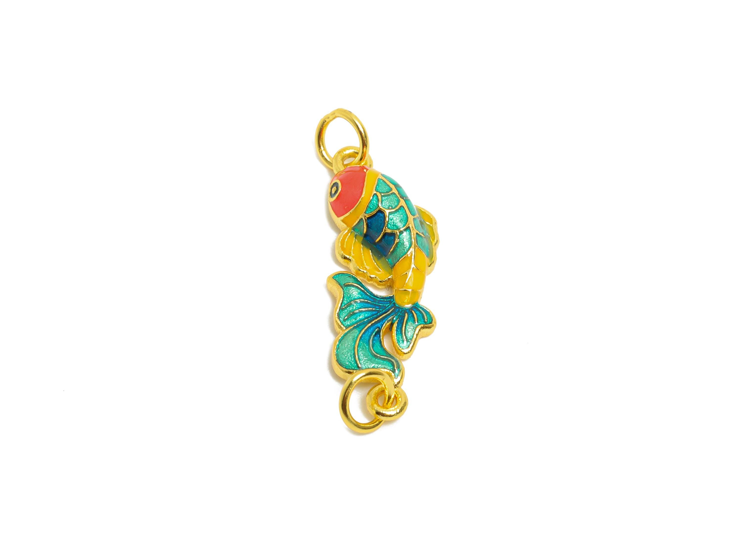 Enamel Koi Fish Charm - Colorful Cloisonné Style Pendant For Bracelet - 925 Sterling Silver - 24k Real Gold Plating - 8.6x9.6x3.4mm - SI1130 - DOMEDBAZAAR