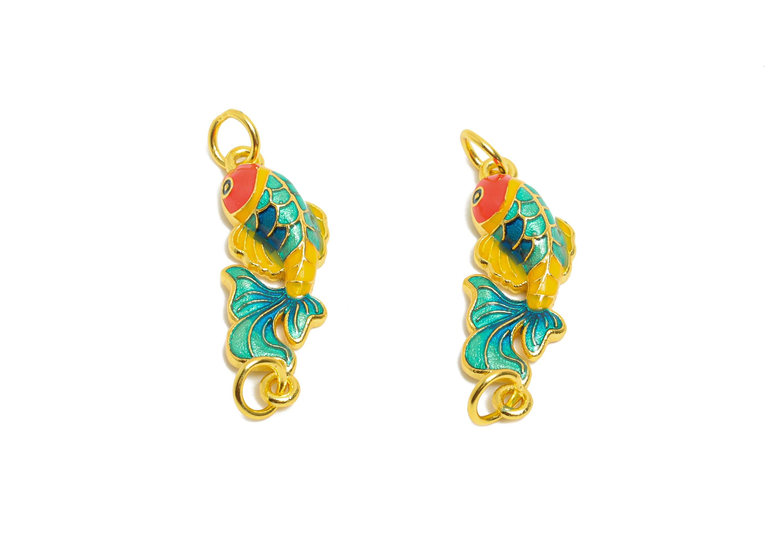 Enamel Koi Fish Charm - Colorful Cloisonné Style Pendant For Bracelet - 925 Sterling Silver - 24k Real Gold Plating - 8.6x9.6x3.4mm - SI1130 - DOMEDBAZAAR
