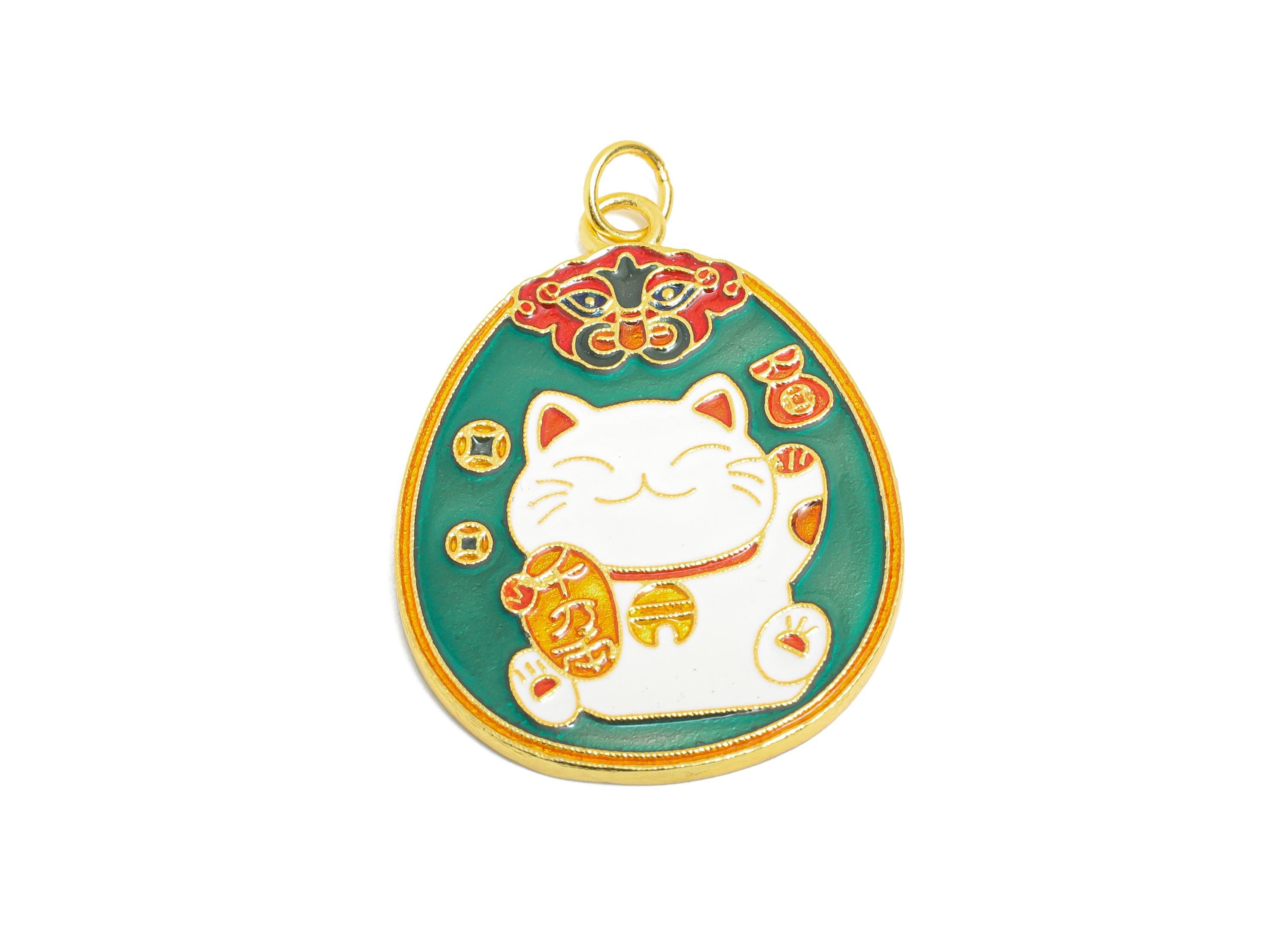 Silver Enamel Lucky Cat Pendant - Child and Squirrel Double Sided Necklace Pendant - 925 Sterling Silver - KC Gold Plated-32x23x1.5mm-SI1129 - DOMEDBAZAAR