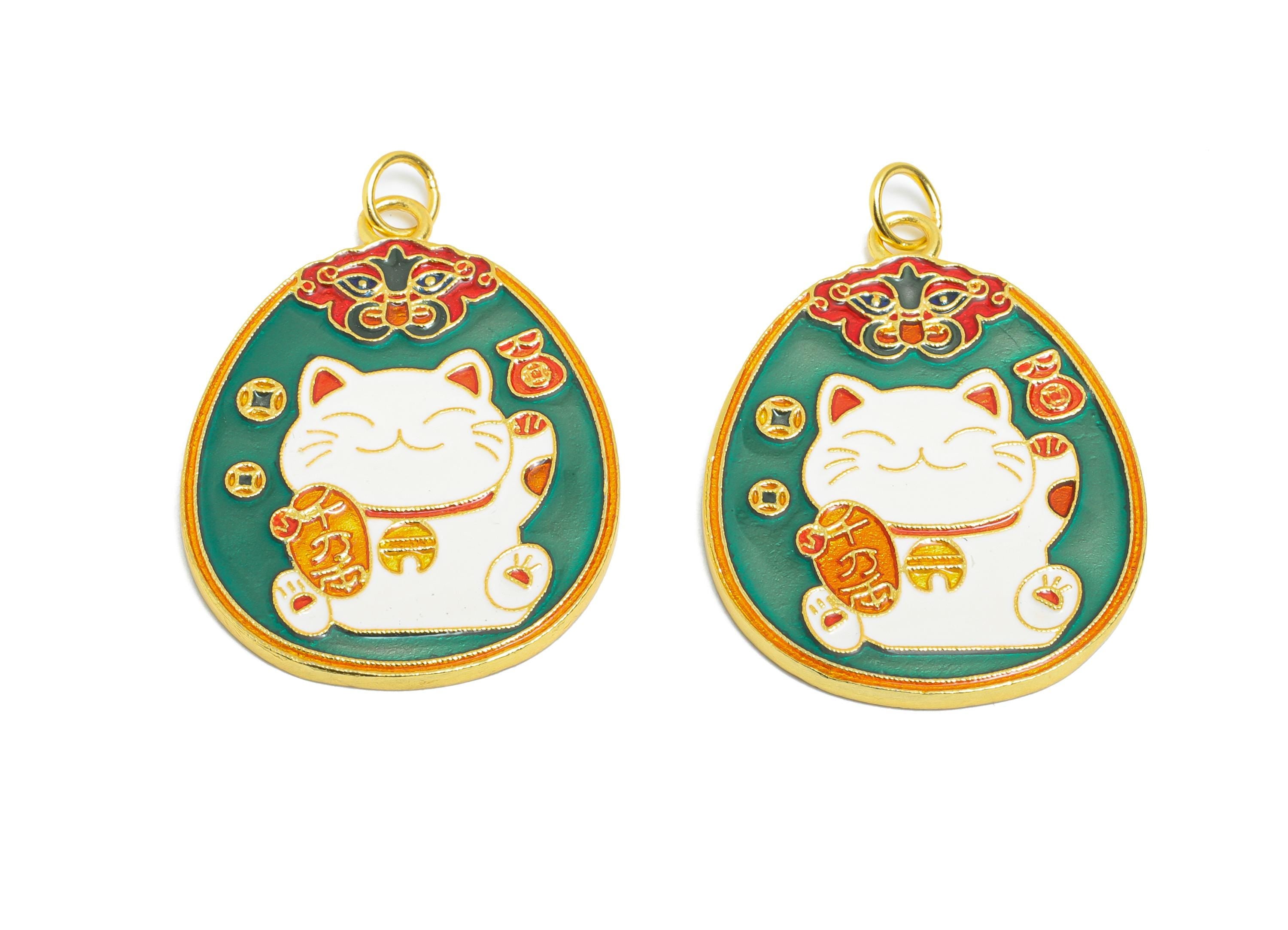Silver Enamel Lucky Cat Pendant - Child and Squirrel Double Sided Necklace Pendant - 925 Sterling Silver - KC Gold Plated-32x23x1.5mm-SI1129 - DOMEDBAZAAR