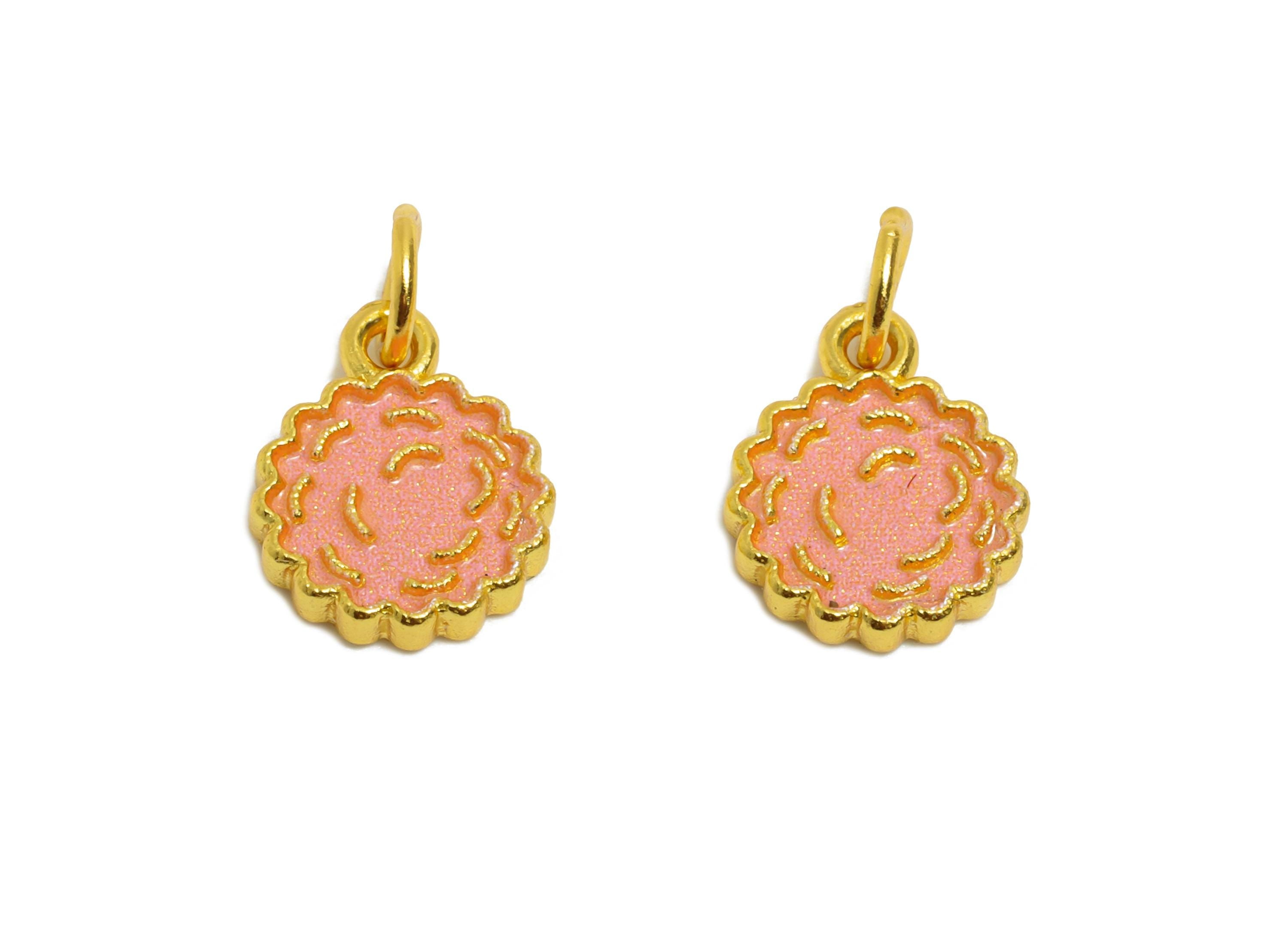 Pink Enamel Flower Charm - Gold Tone Spring Floral Charm For Bracelet - 925 Sterling Silver - 24k Real Gold Plating - 8x7.14x1.56mm - SI1134 - DOMEDBAZAAR
