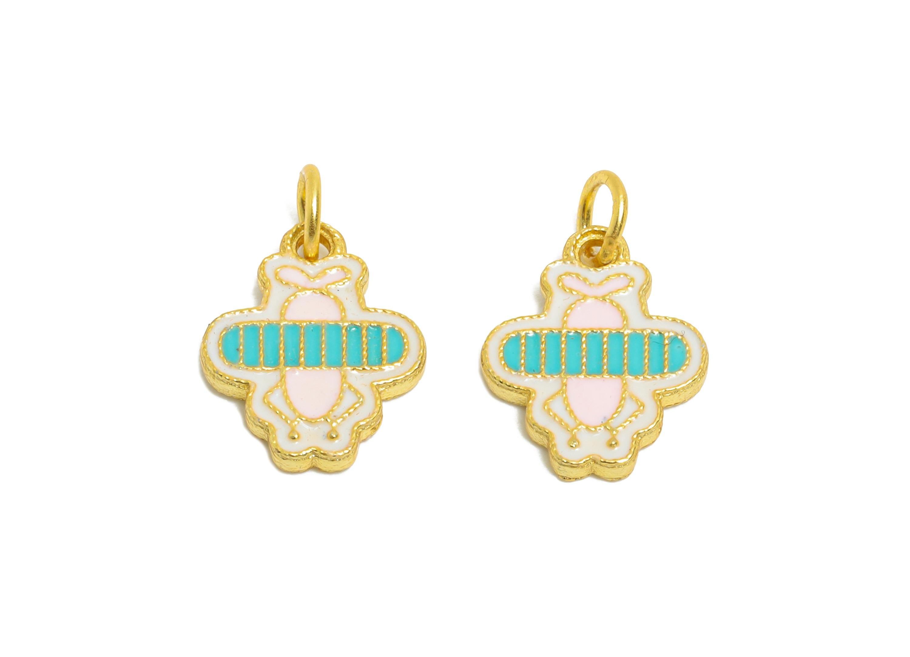 Colorful Bee Enamel Charm - Gold Tone Kawaii Bee Charm For Bracelet - 925 Sterling Silver - 24k Real Gold Plating - 11x8.93x1.35mm- SI1135 - DOMEDBAZAAR