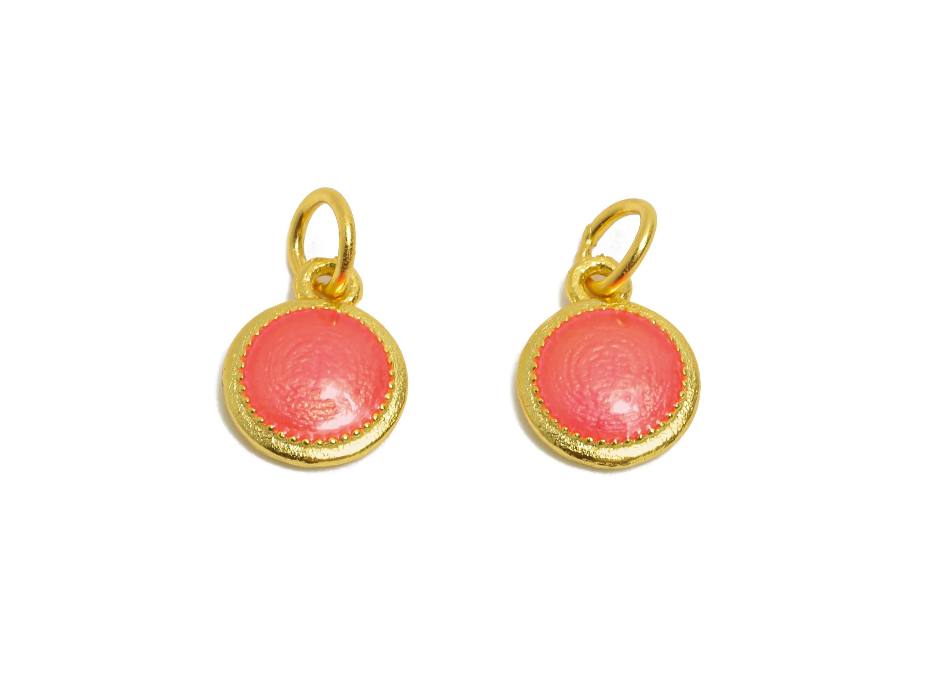 Pink Enamel Round Charm - Gold Tone Vintage Geometry Charm For Bracelet - 925 Sterling Silver - 24k Real Gold Plating - 6.55x8x1mm - SI1137 - DOMEDBAZAAR