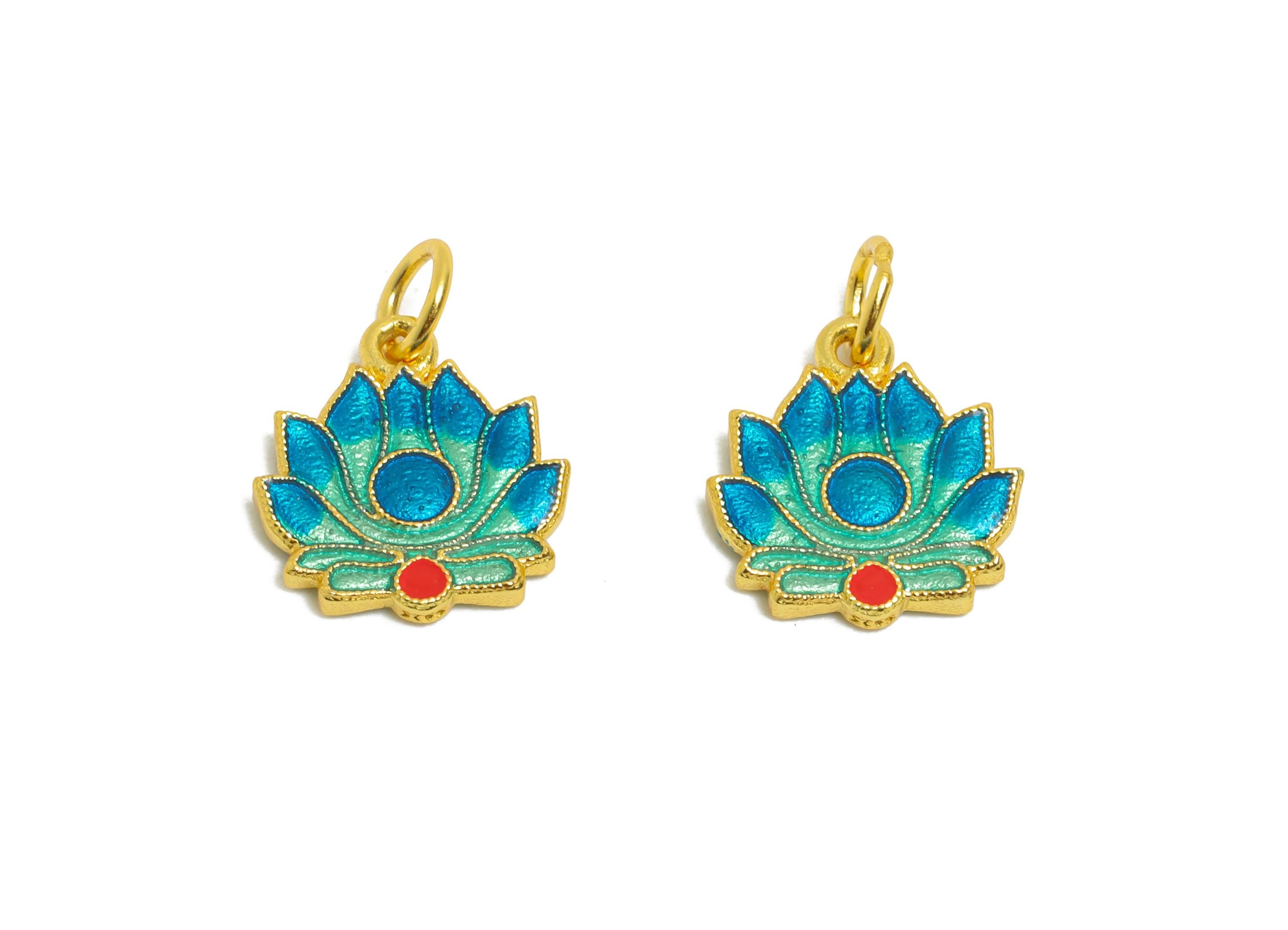 Colorful Enamel Lotus Charm - Mandala Lotus Charm For DIY Bracelet - 925 Sterling Silver - 24k Real Gold Plating - 10x9x1.45mm - SI1132 - DOMEDBAZAAR