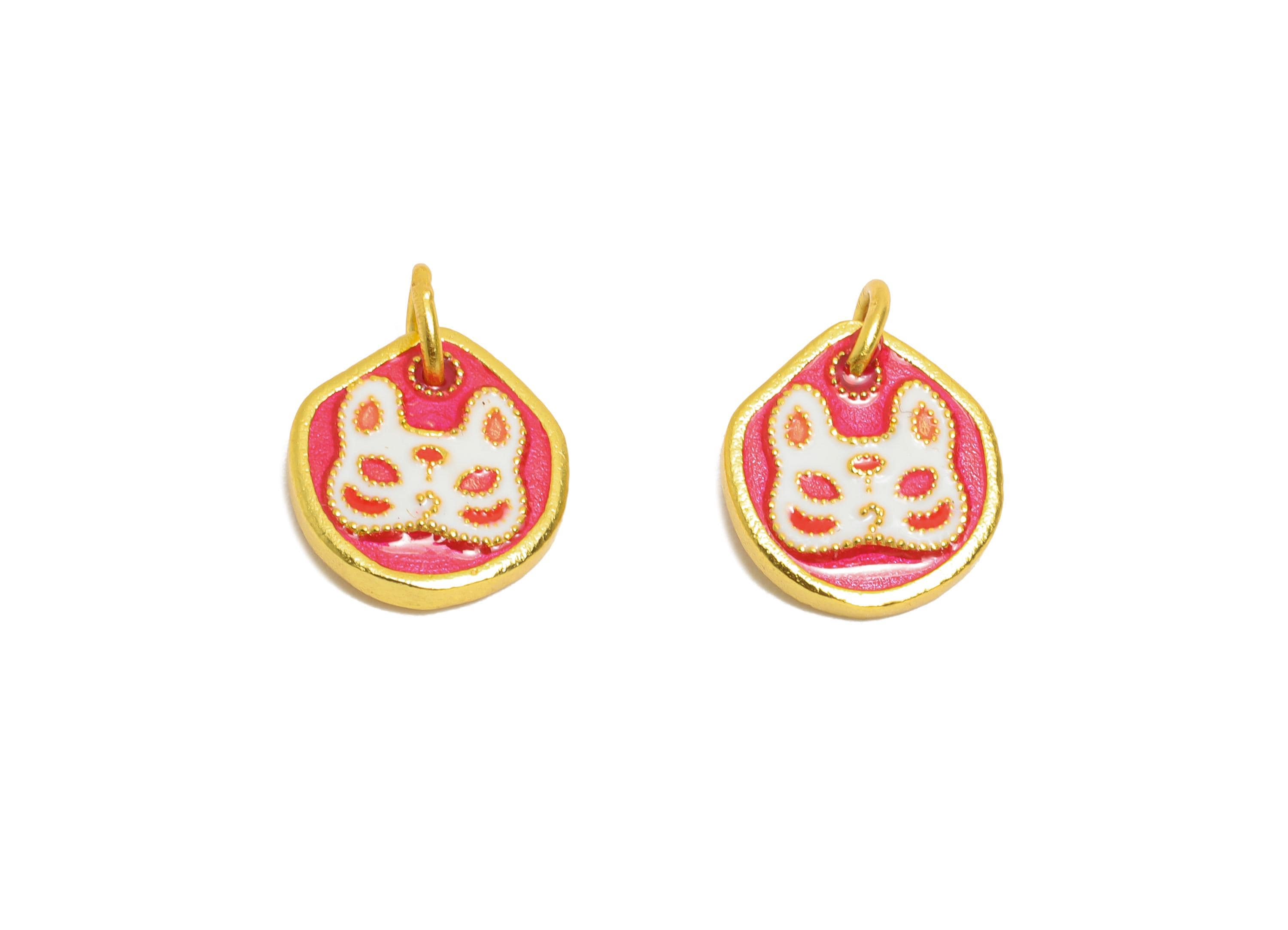 Pink Lucky Cat Charm - Handmade Enamel Japanese Cat Charm For Bracelet - 925 Sterling Silver - 24k Real Gold Plating - 8x8x2.27mm - SI1136 - DOMEDBAZAAR