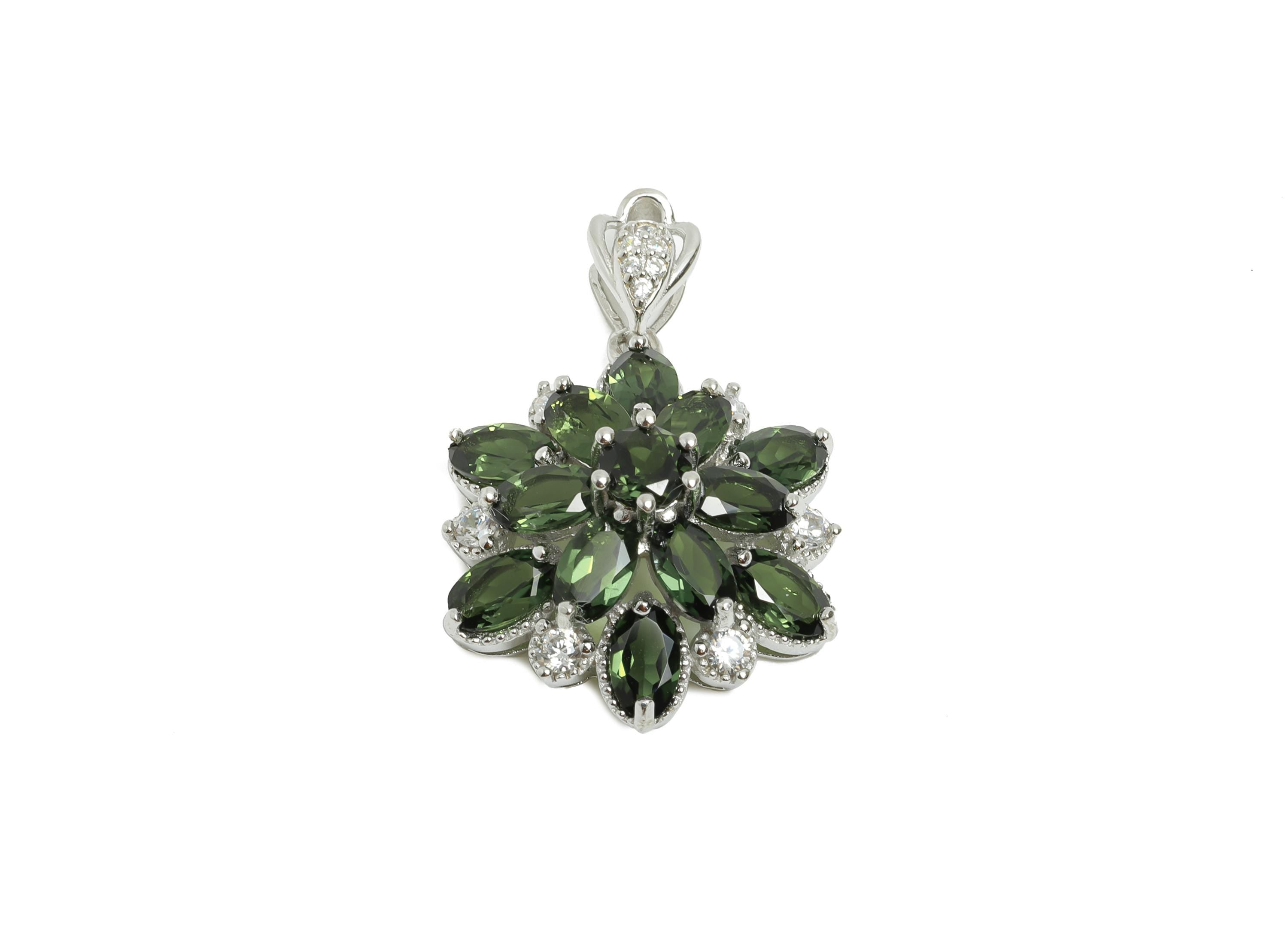 Floral Diopside Pendant - Dainty Zircon Geometry Diopside Pendant With Bail - 925 Sterling Silver - Silver Plating - 27x17x8mm - SI1178 - DOMEDBAZAAR