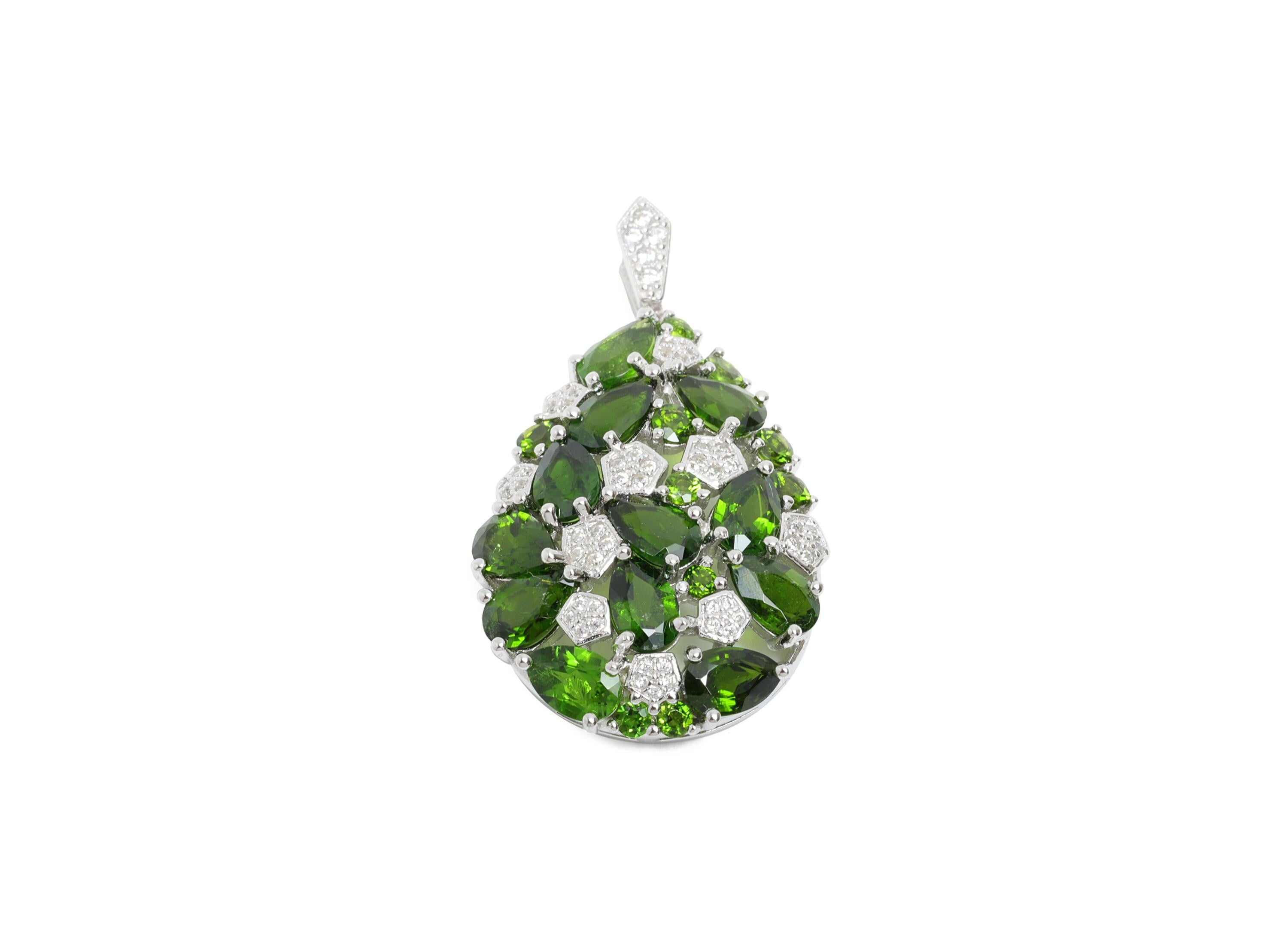 Drop Diopside Pendant - Dainty Zircon Geometry Diopside Pendant With Bail - 925 Sterling Silver - Silver Plating  - 35x20x7mm - SI1184 - DOMEDBAZAAR