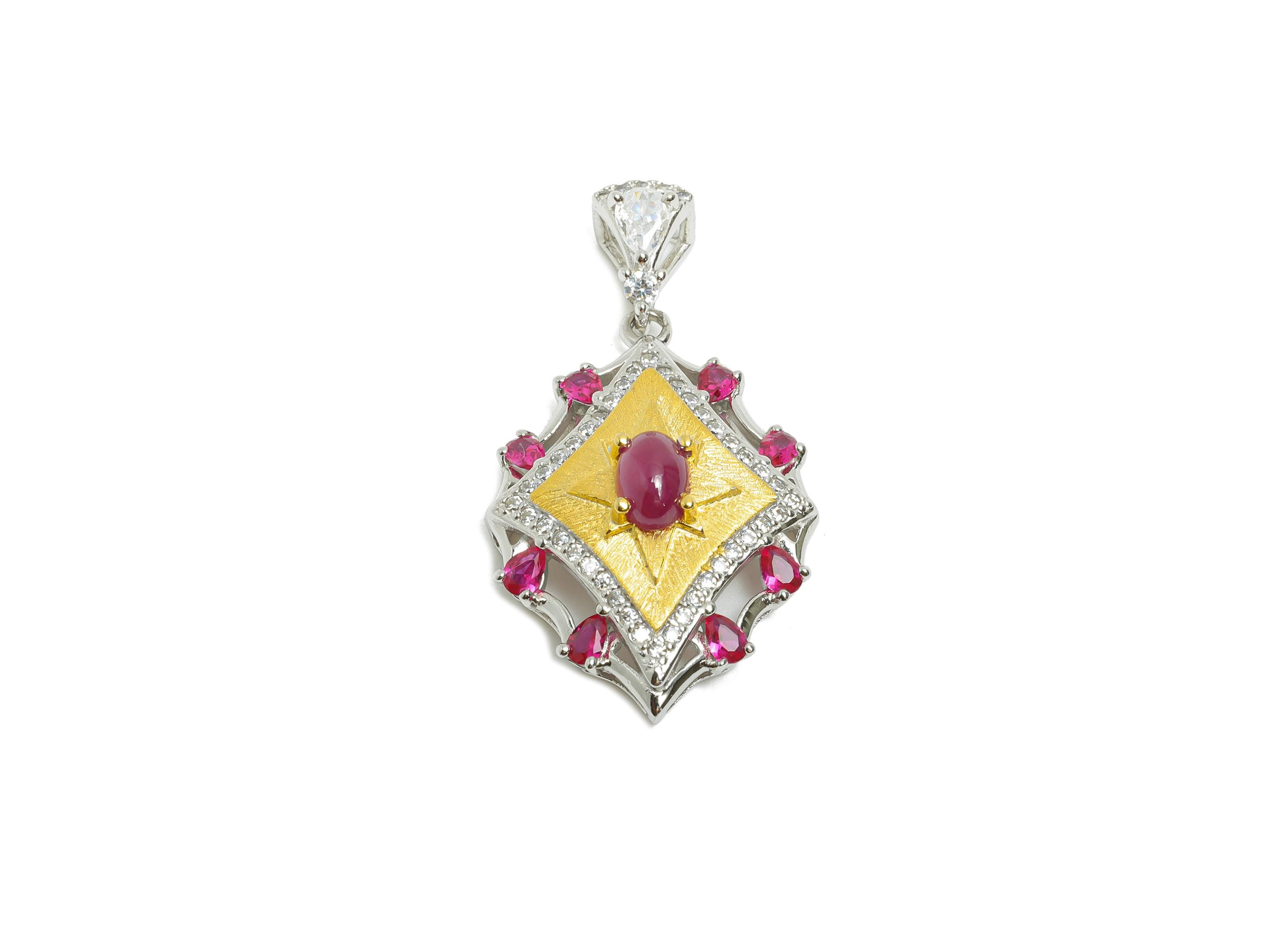 Vintage Ruby Pendant - Dainty Zircon Geometry Ruby With Bail For Necklace - 925 Sterling Silver - Silver Plating - 33x18x8mm - SI1177 - DOMEDBAZAAR