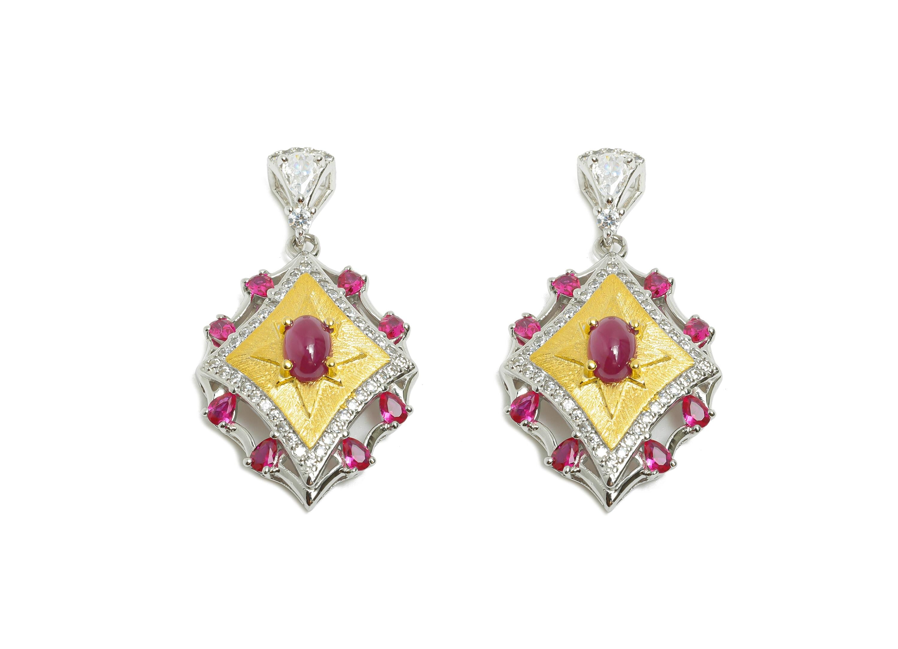 Vintage Ruby Pendant - Dainty Zircon Geometry Ruby With Bail For Necklace - 925 Sterling Silver - Silver Plating - 33x18x8mm - SI1177 - DOMEDBAZAAR