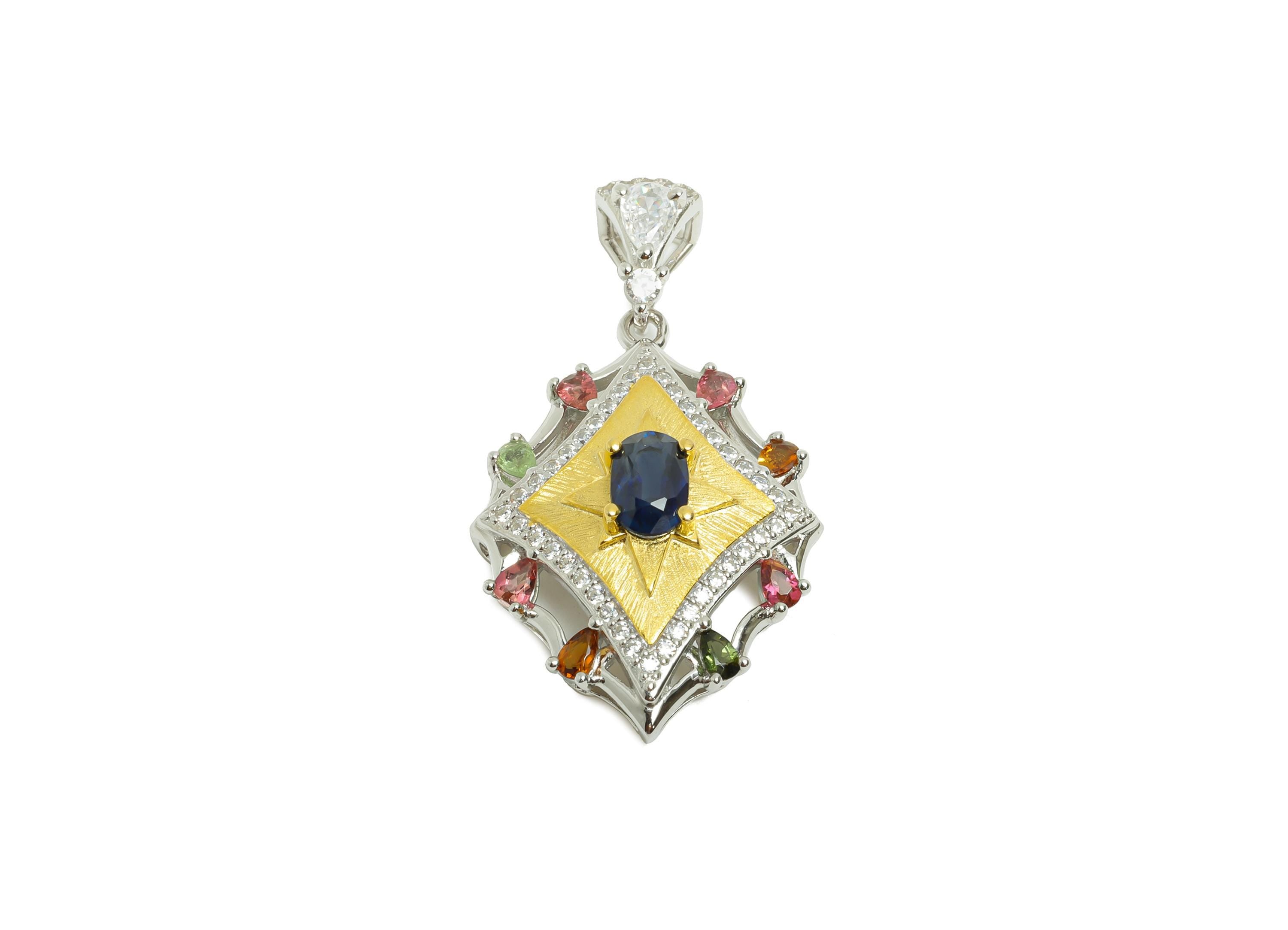 Vintage Sapphire Pendant - Tanzanite Zircon Geometry With Bail For Necklace - 925 Sterling Silver - Silver Plated - 32x18x7mm - SI1185 - DOMEDBAZAAR
