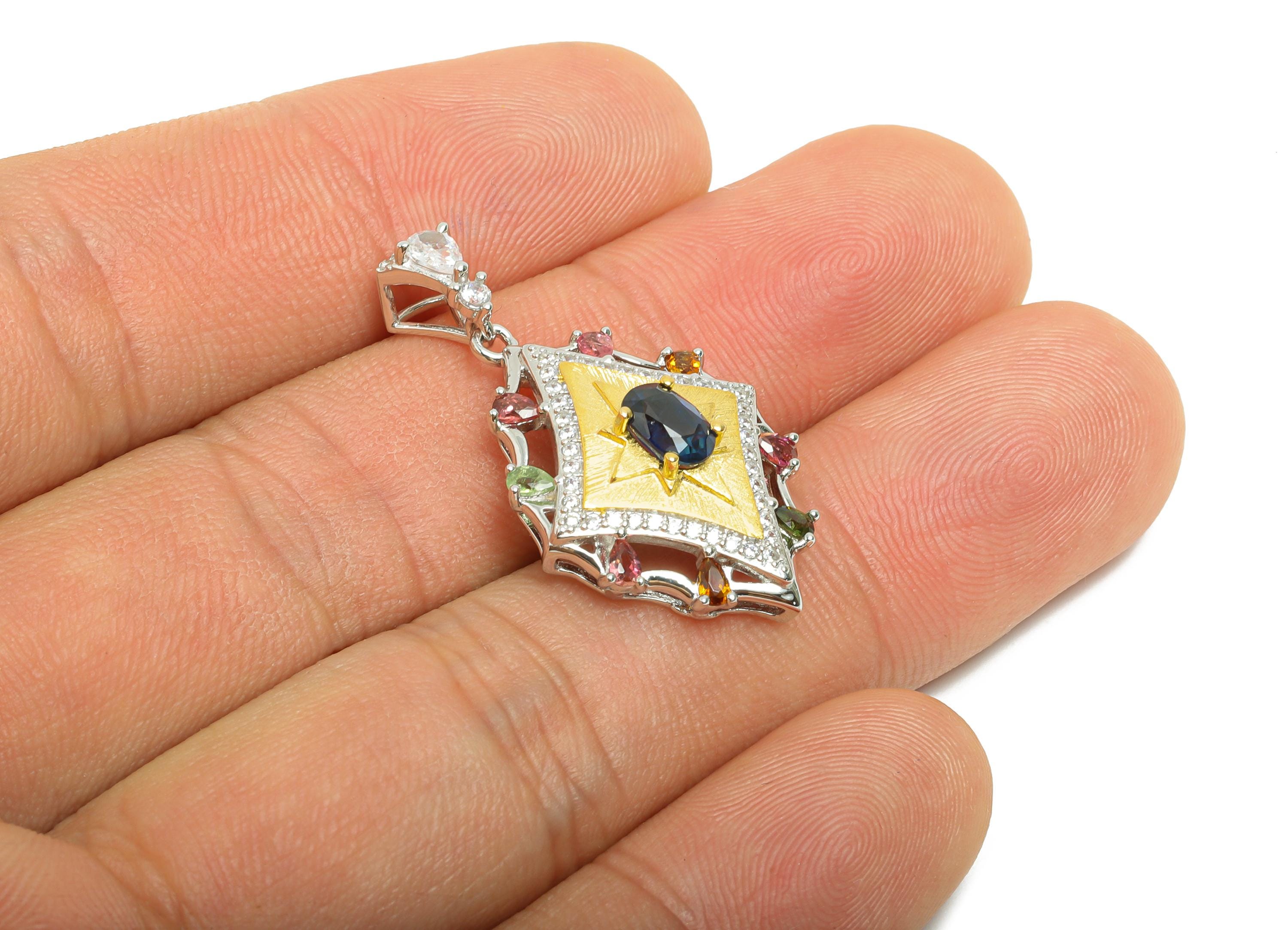 Vintage Sapphire Pendant - Tanzanite Zircon Geometry With Bail For Necklace - 925 Sterling Silver - Silver Plated - 32x18x7mm - SI1185 - DOMEDBAZAAR