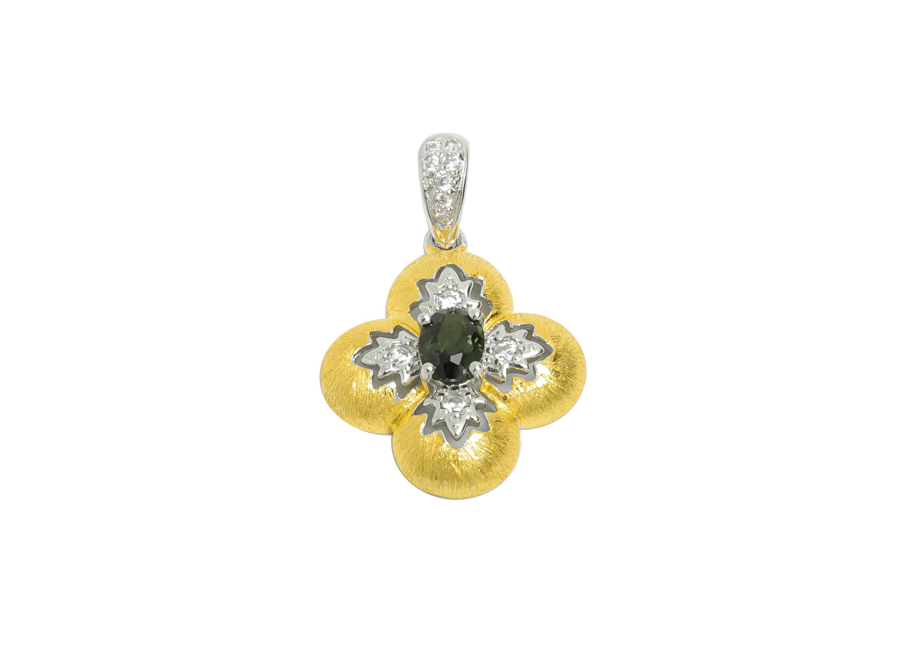 Classic Diopside Pendant - Vintage Zircon Geometry With Bail For Necklace - 925 Sterling Silver - 18k Real Gold Plating - 24x16x5mm - SI1183 - DOMEDBAZAAR