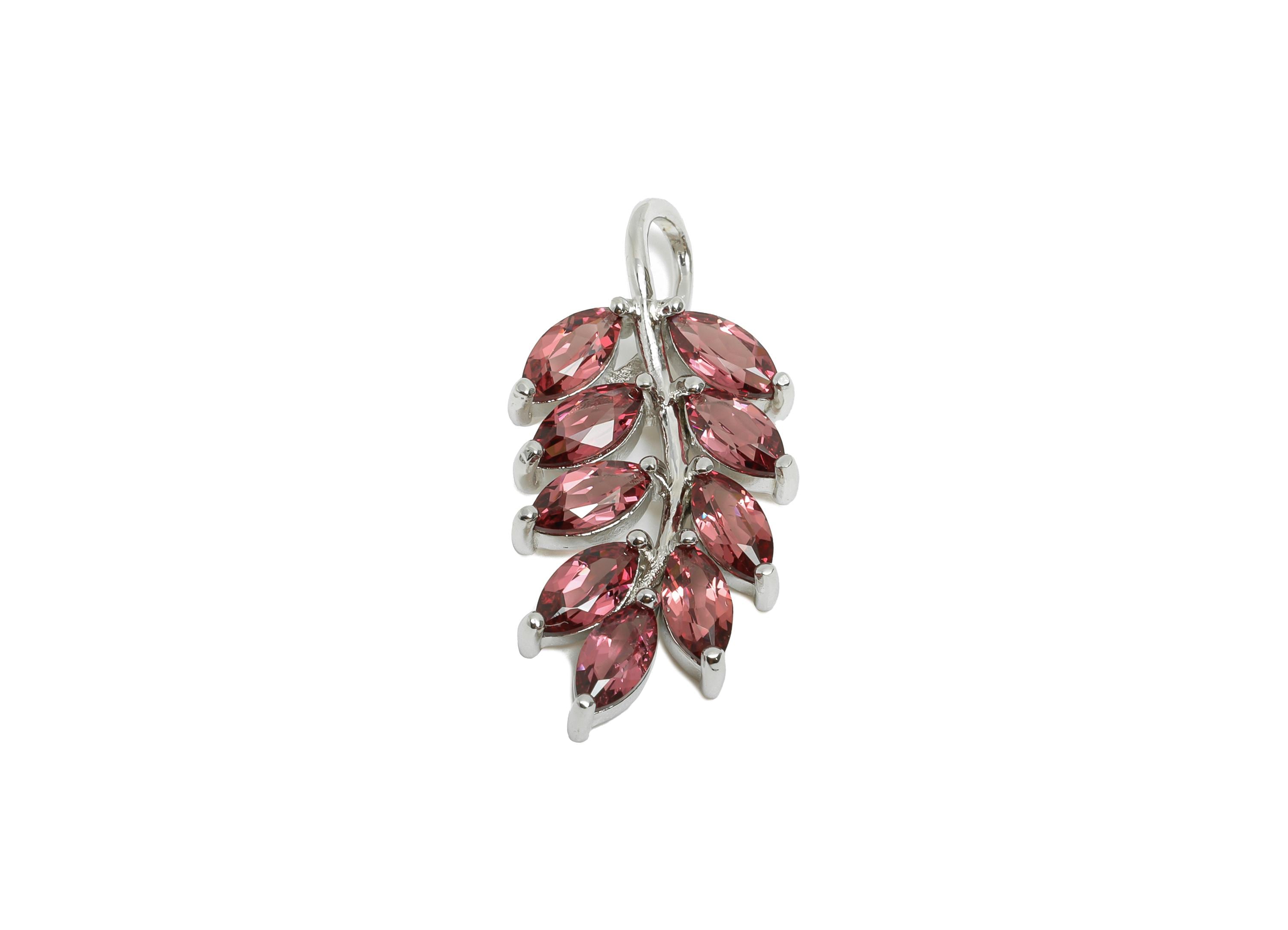 Garnet Leaf CZ Pendant - Marquise Zircon Branch Necklace Pendant with Loop - 925 Sterling Silver - Silver Plated - 28x12.8x4.23mm - SI1181 - DOMEDBAZAAR