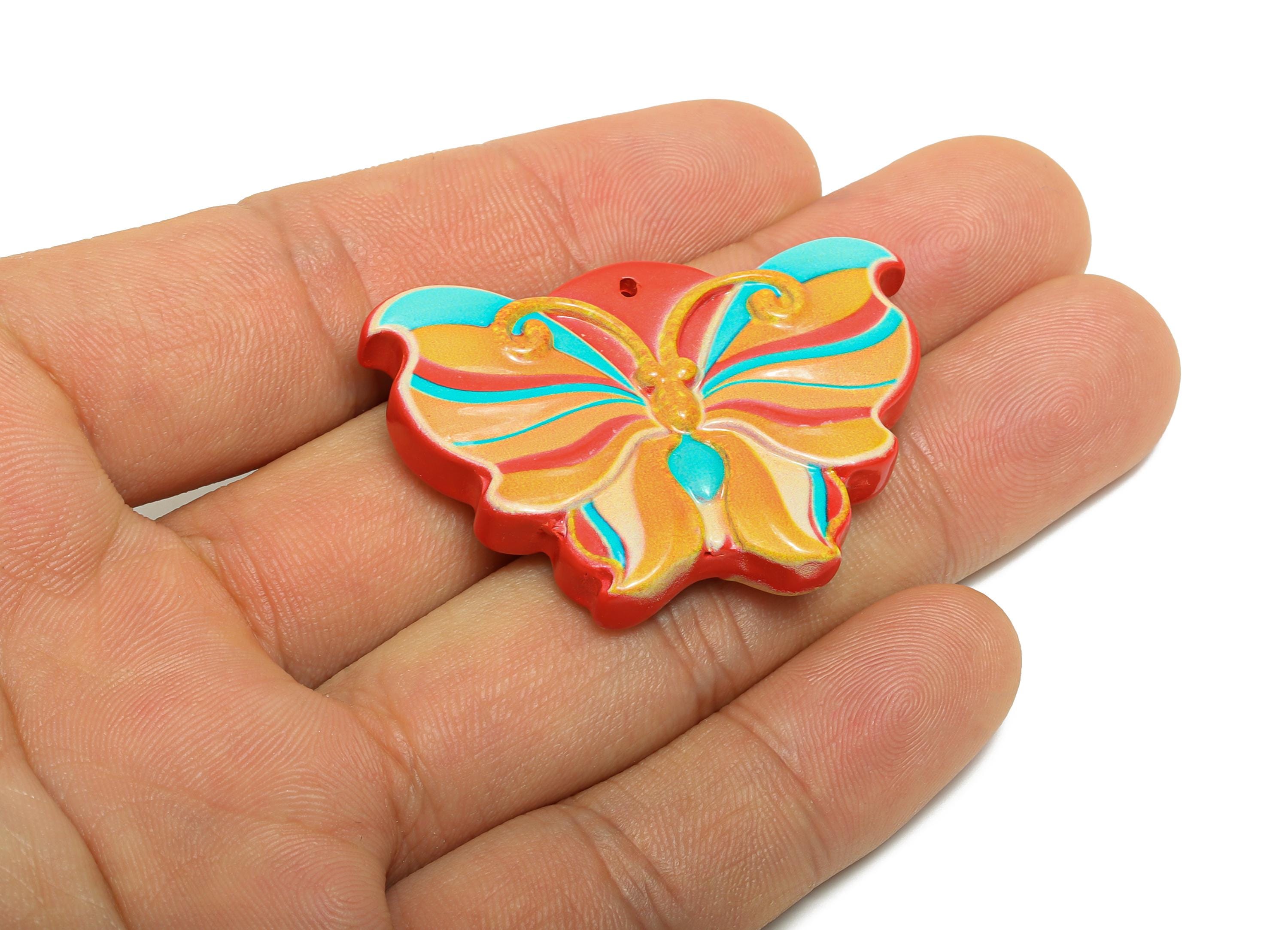 Vermilion Butterfly Pendant - Colorful Enamel Painting Jewelry Component - Handmade Necklace Pendant - DIY Jewelry - 30.5x44x7.6mm - NS3090 - DOMEDBAZAAR