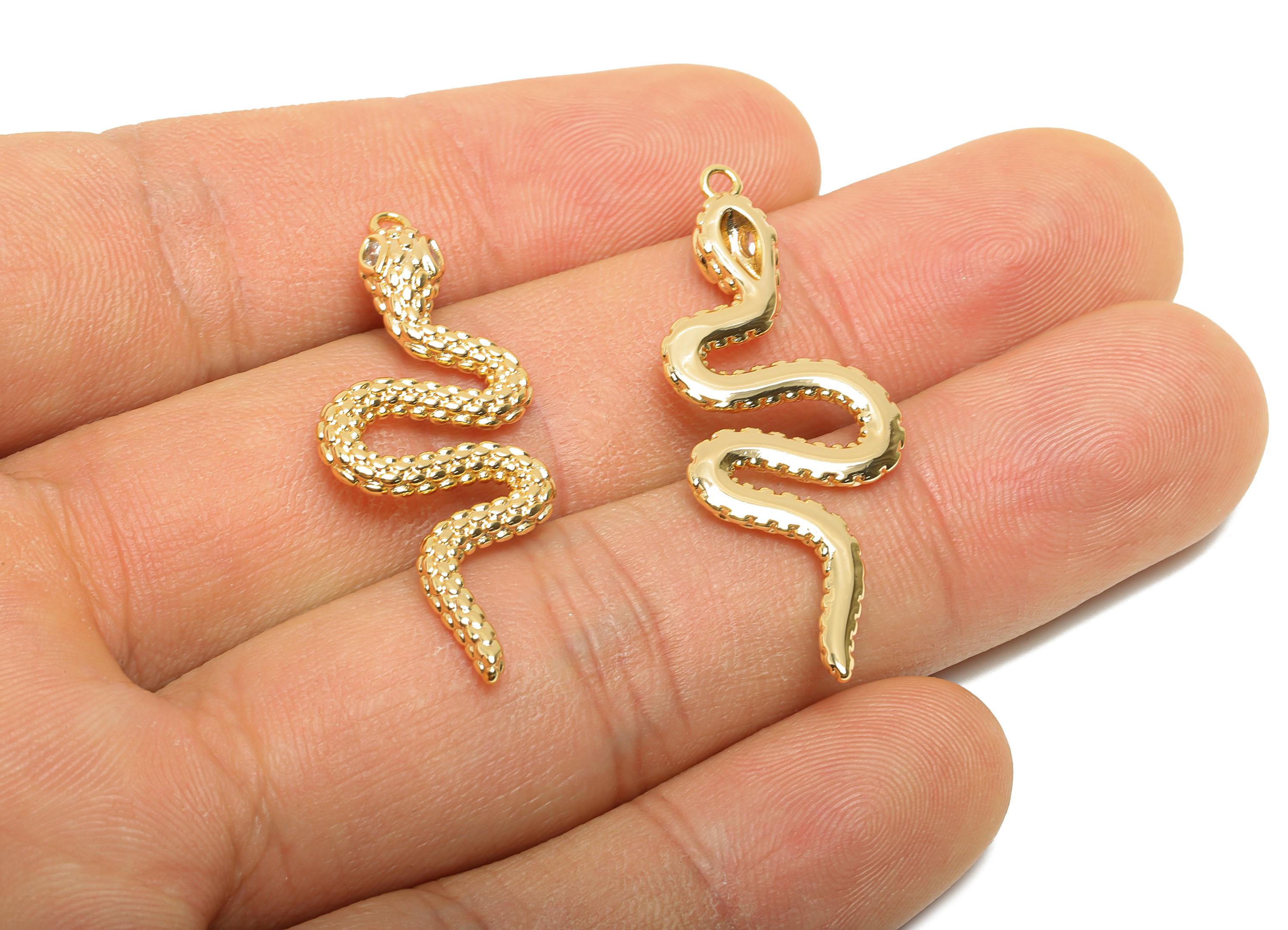 Brass Snake Pendant - Zircon Serpent Necklace Pendant - Unique Textured Protection Jewelry - 18K Real Gold Plated - 38.9x15x3.4mm - RGP11071 - DOMEDBAZAAR