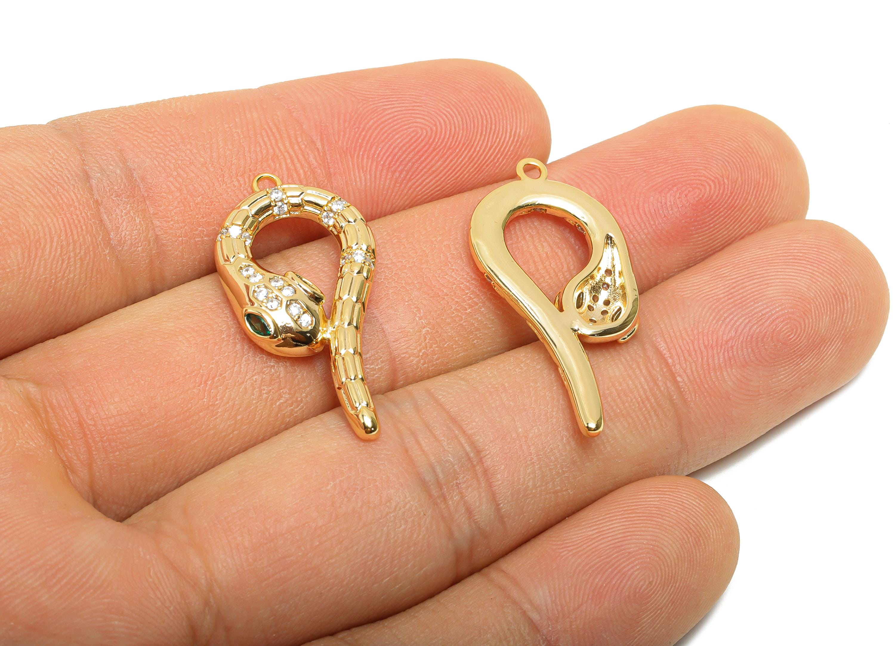 Gold Brass Snake Pendant - Zircon Serpent Necklace Pendant - Sparkling Protection Jewelry - 18K Real Gold Plated - 30.55x14.7x4mm - RGP11070 - DOMEDBAZAAR