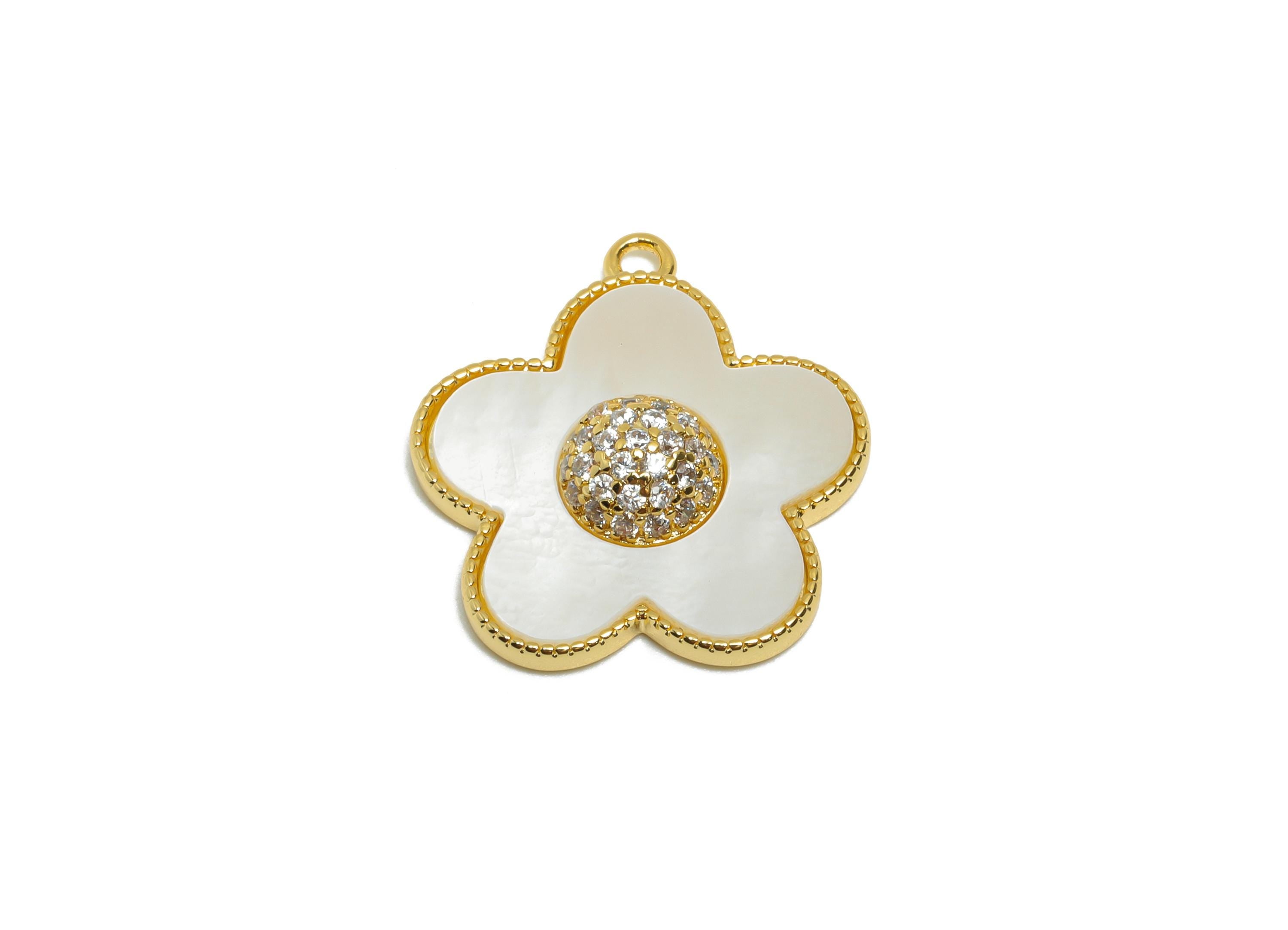 Brass Flower Shell Pendant - Dainty Zircon Necklace Pendant - Elegant Flower Jewelry Making - 18K Real Gold Plated - 19.6x17.9x4mm -RGP11094 - DOMEDBAZAAR